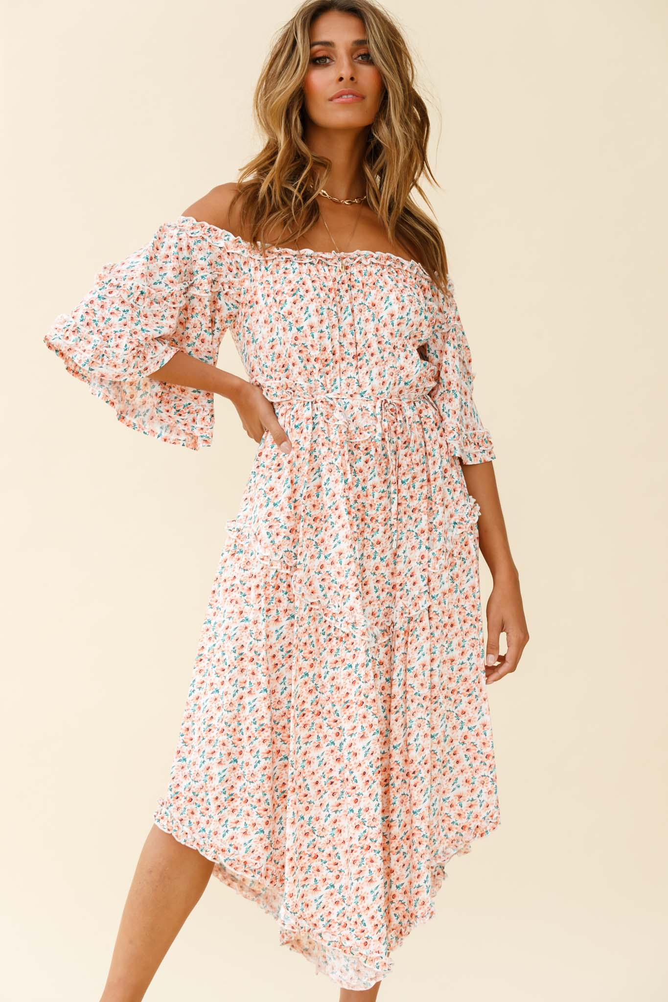 Renoir Off-Shoulder Frill Trim Dress Floral Print Pink by Selfie Leslie