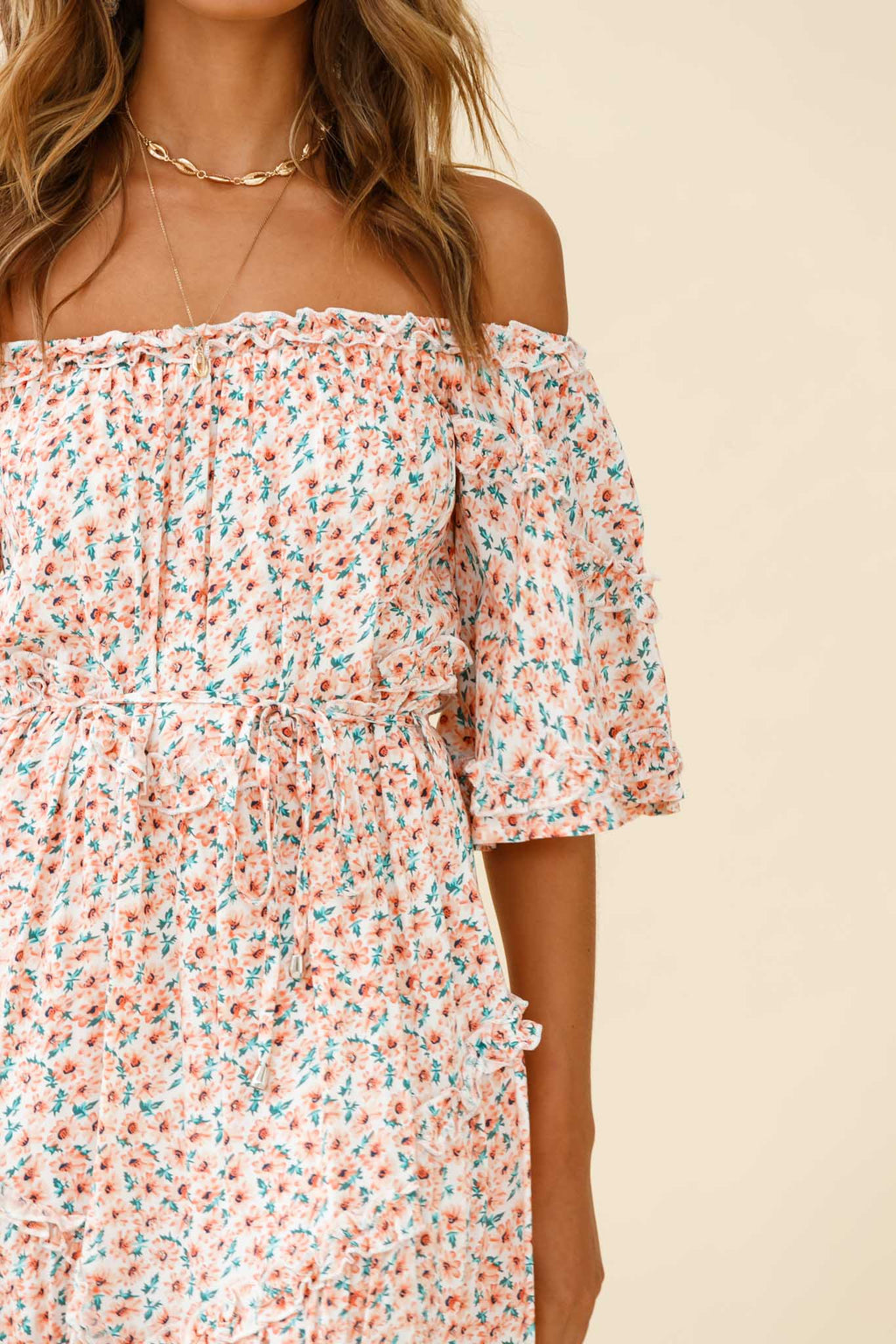 Renoir Off-Shoulder Frill Trim Dress Floral Print Pink by Selfie Leslie