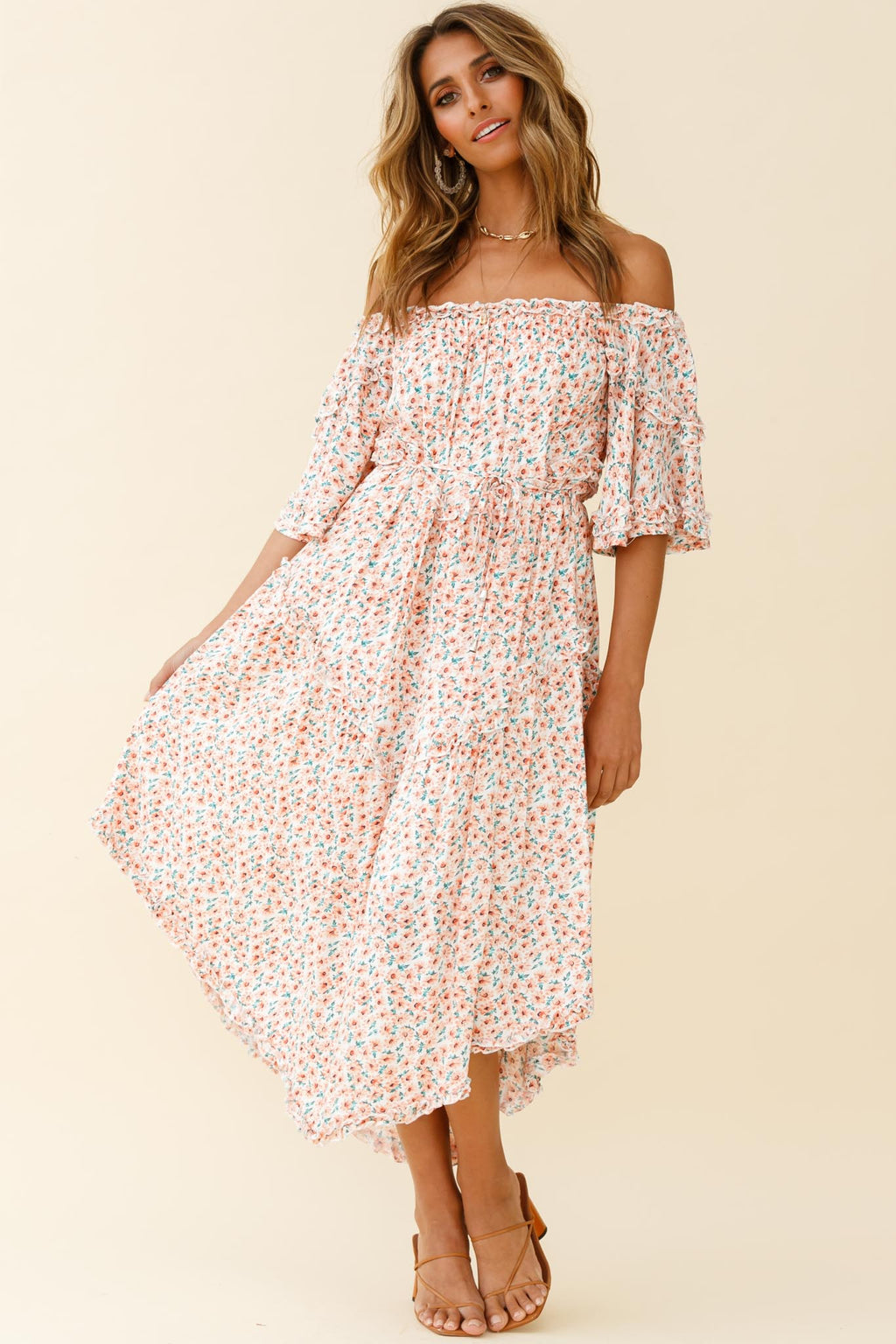 Renoir Off-Shoulder Frill Trim Dress Floral Print Pink by Selfie Leslie