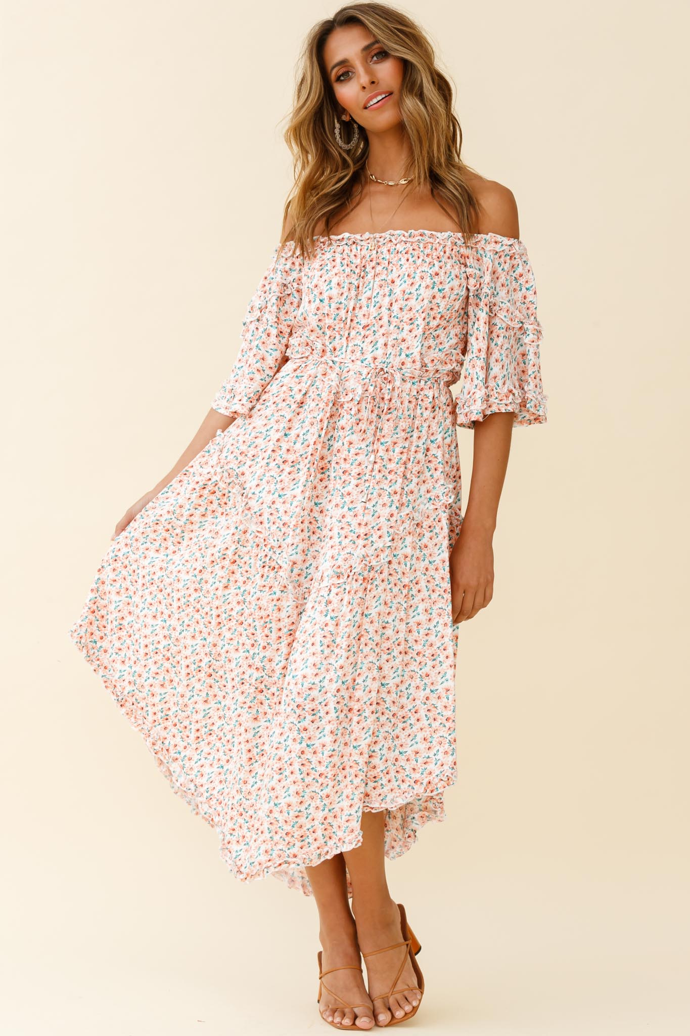 Renoir Off-Shoulder Frill Trim Dress Floral Print Pink by Selfie Leslie