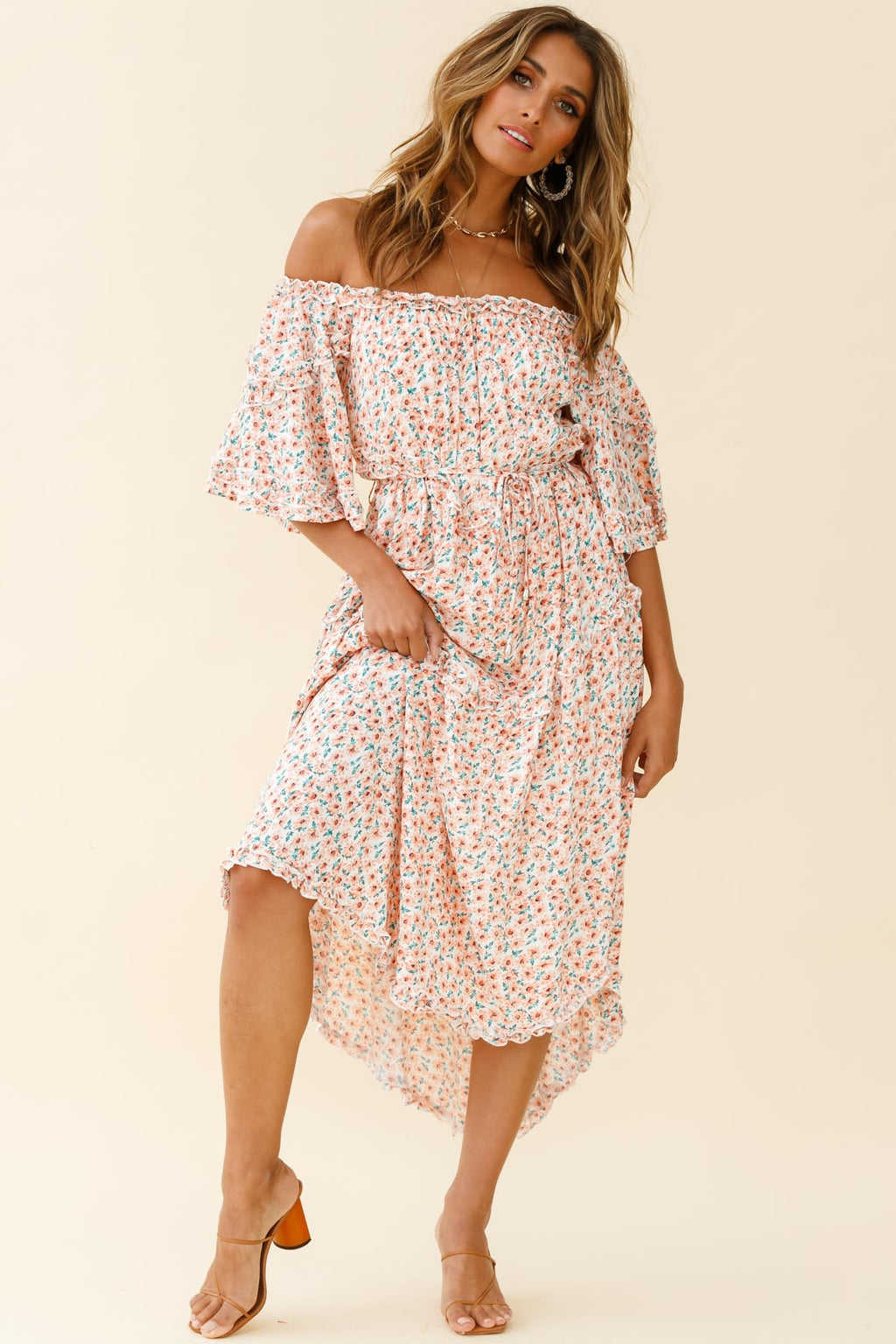 Renoir Off-Shoulder Frill Trim Dress Floral Print Pink by Selfie Leslie