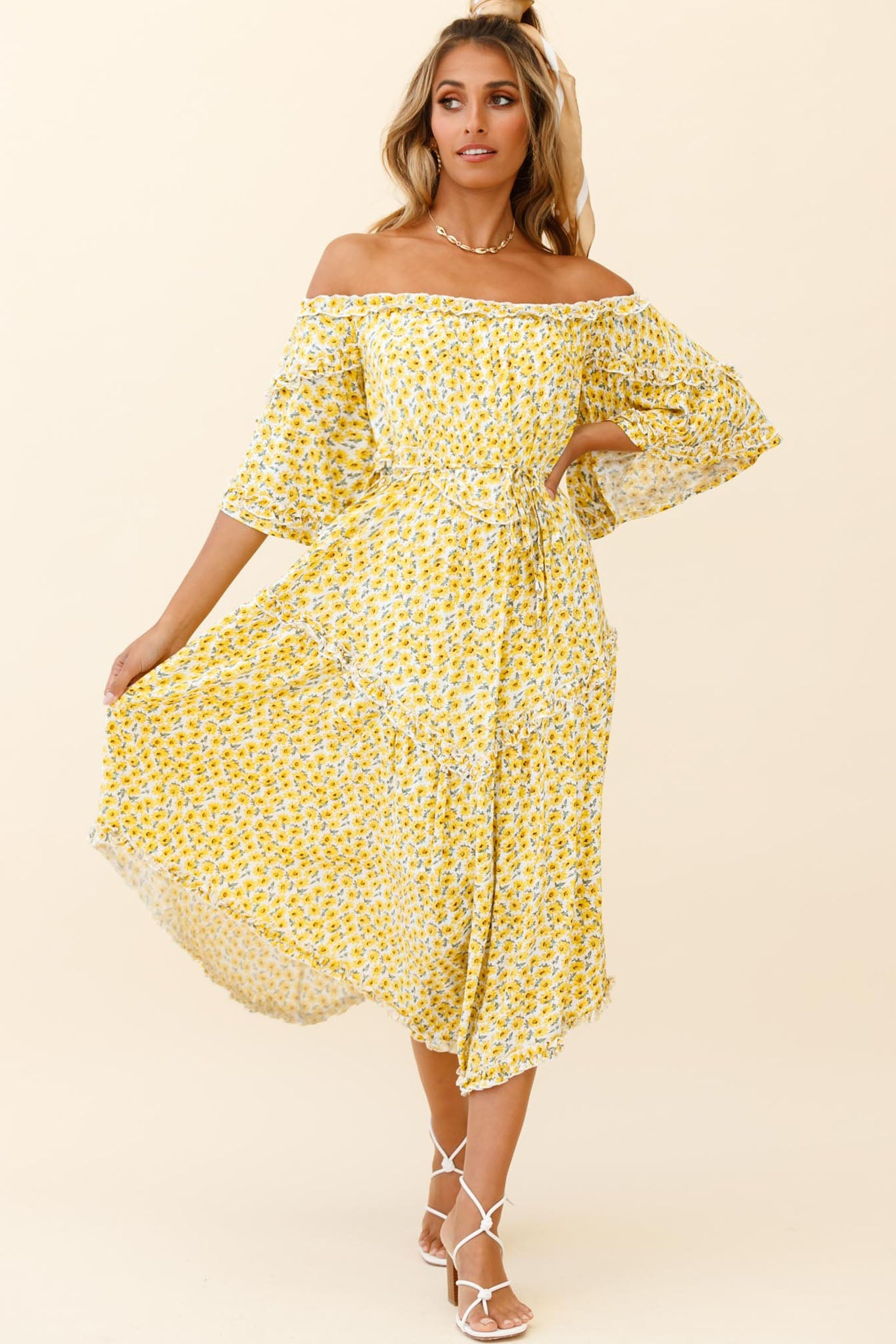 Renoir Off-Shoulder Frill Trim Dress Floral Print Yellow by Selfie Leslie