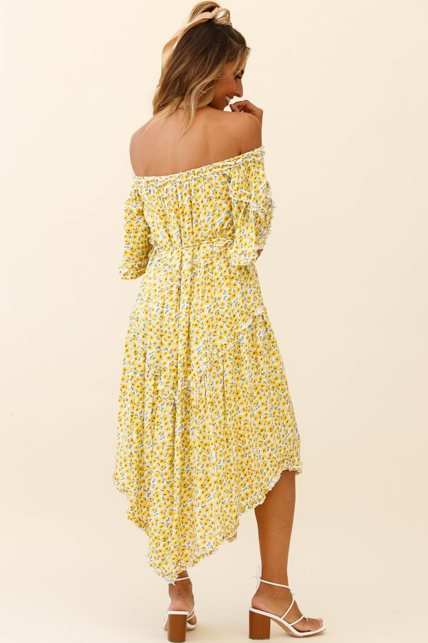 Renoir Off-Shoulder Frill Trim Dress Floral Print Yellow by Selfie Leslie