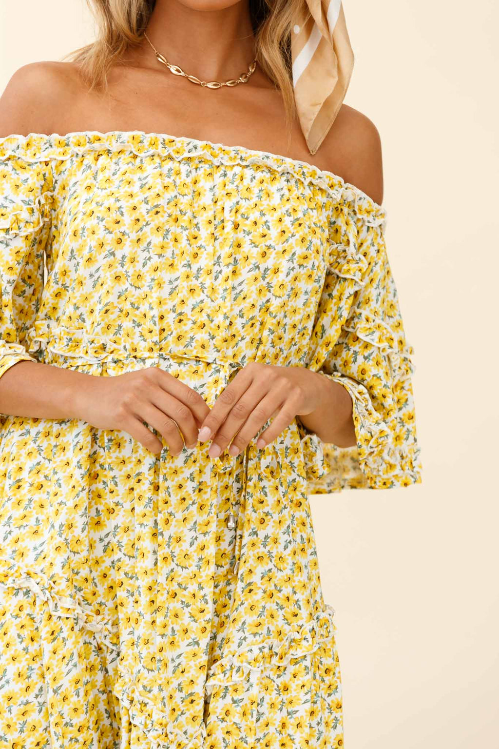 Renoir Off-Shoulder Frill Trim Dress Floral Print Yellow by Selfie Leslie