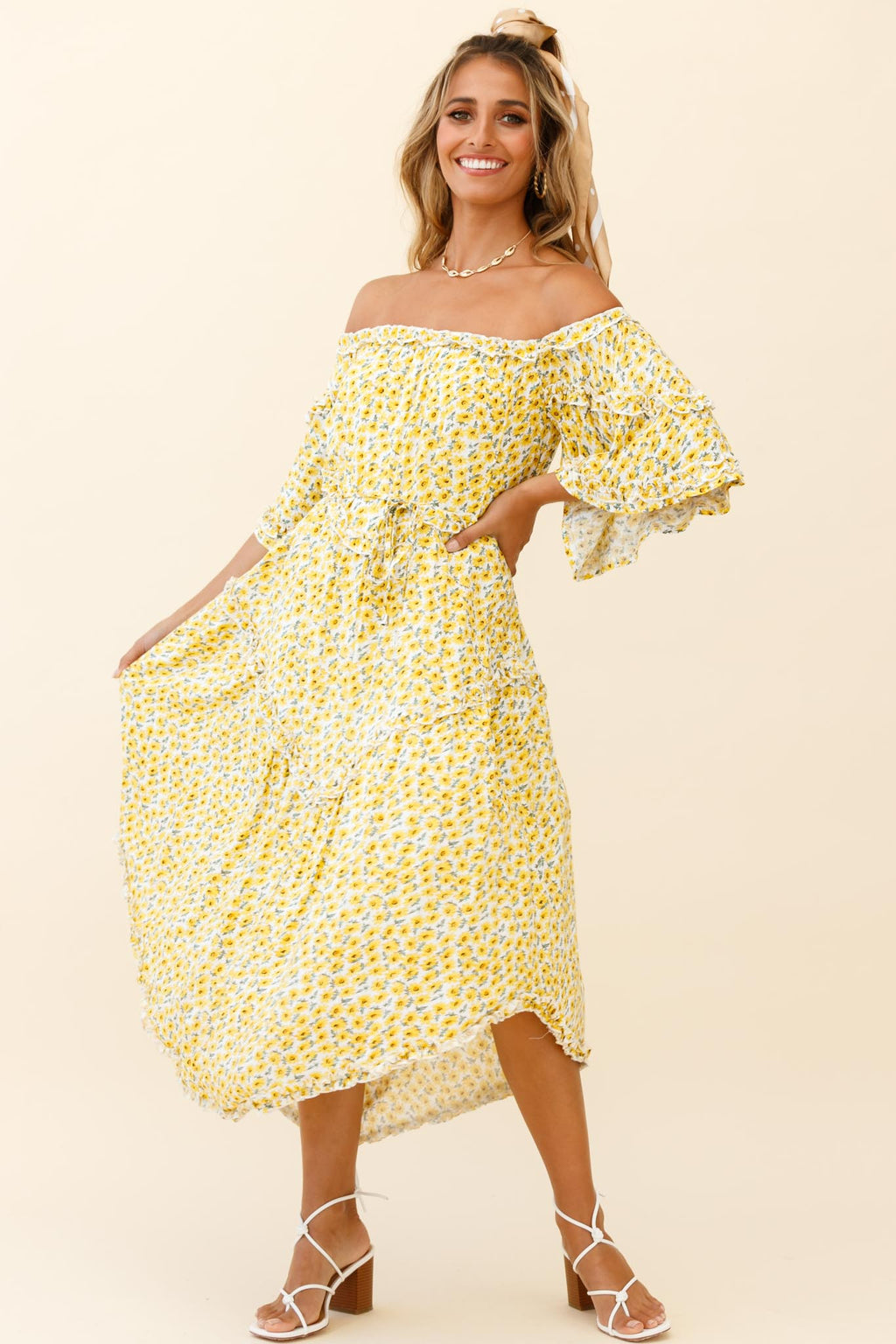 Renoir Off-Shoulder Frill Trim Dress Floral Print Yellow by Selfie Leslie