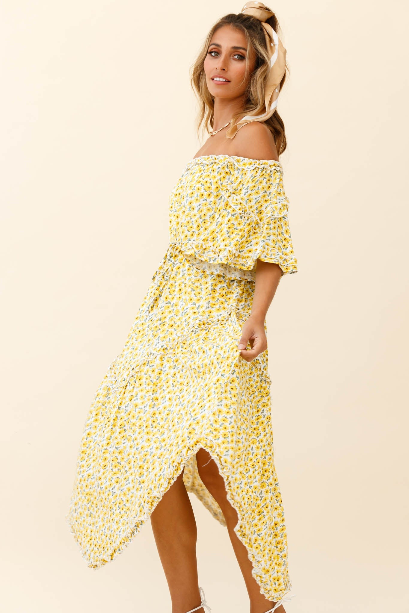 Renoir Off-Shoulder Frill Trim Dress Floral Print Yellow by Selfie Leslie