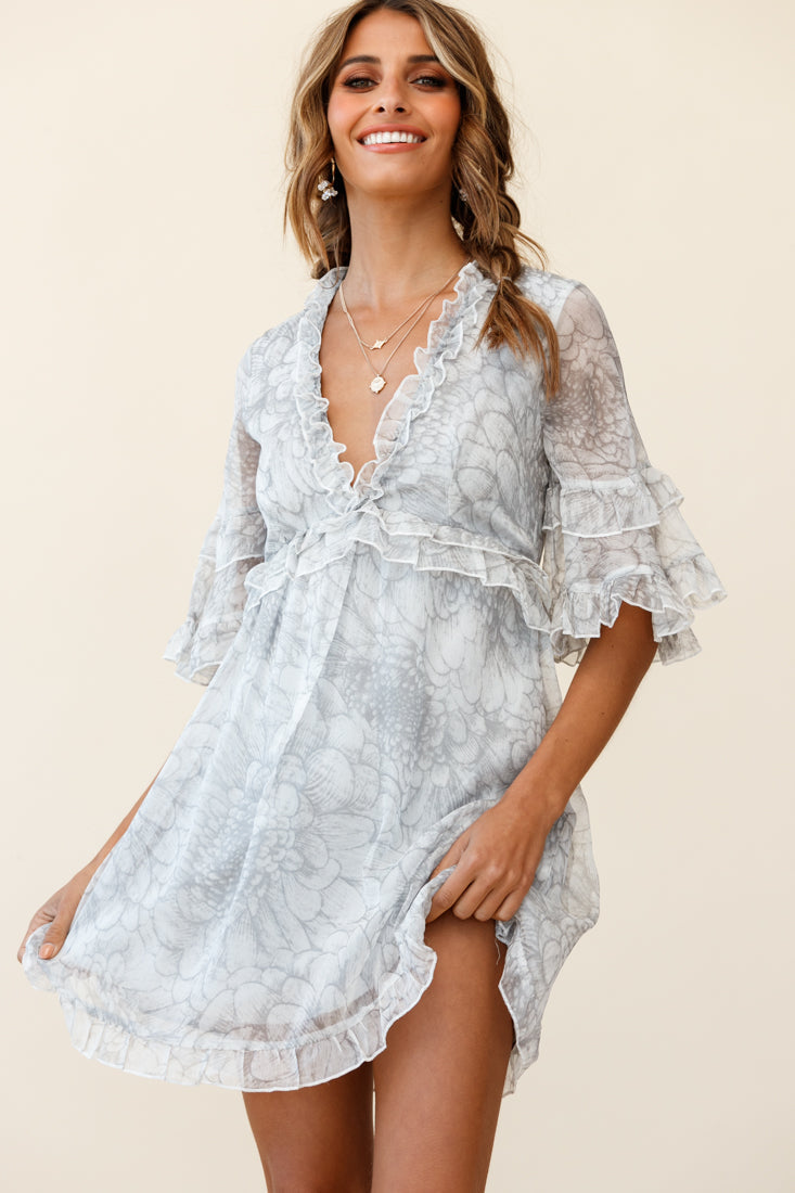 Gemma V-Neckline Frill Detail Dress Flower Print Grey by Selfie Leslie