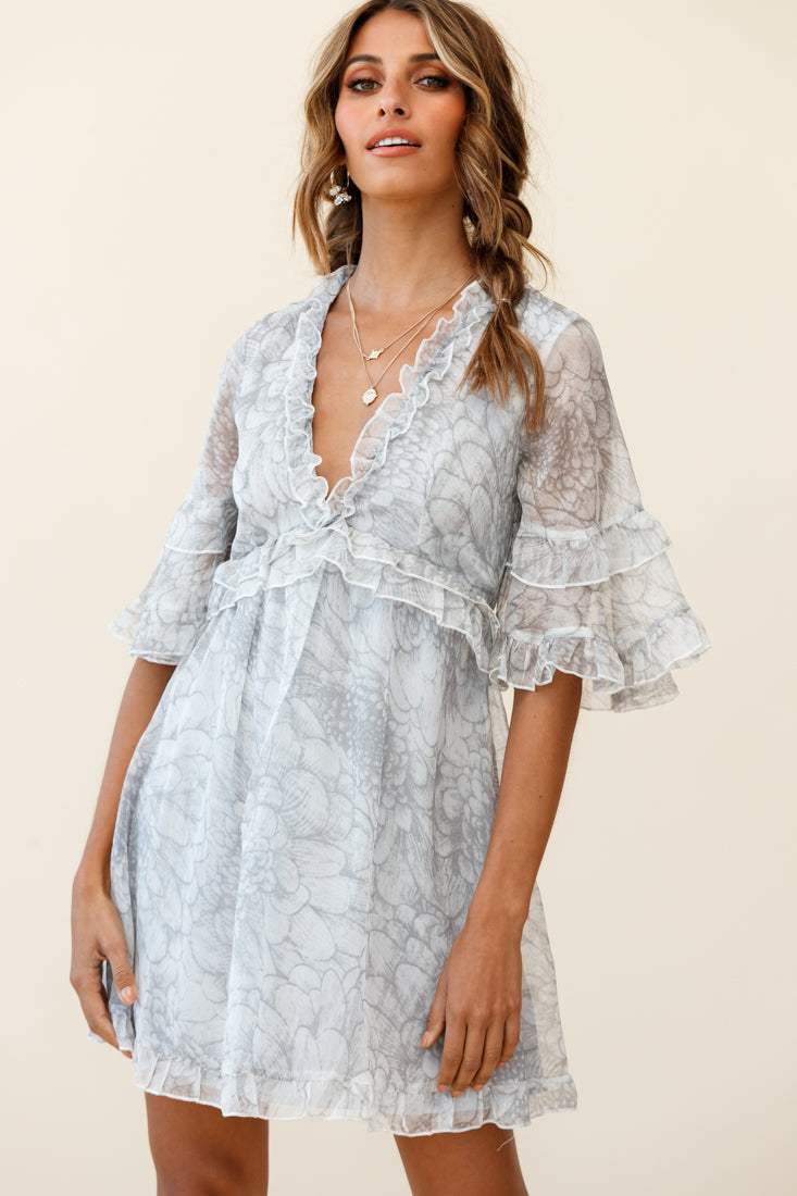 Gemma V-Neckline Frill Detail Dress Flower Print Grey by Selfie Leslie