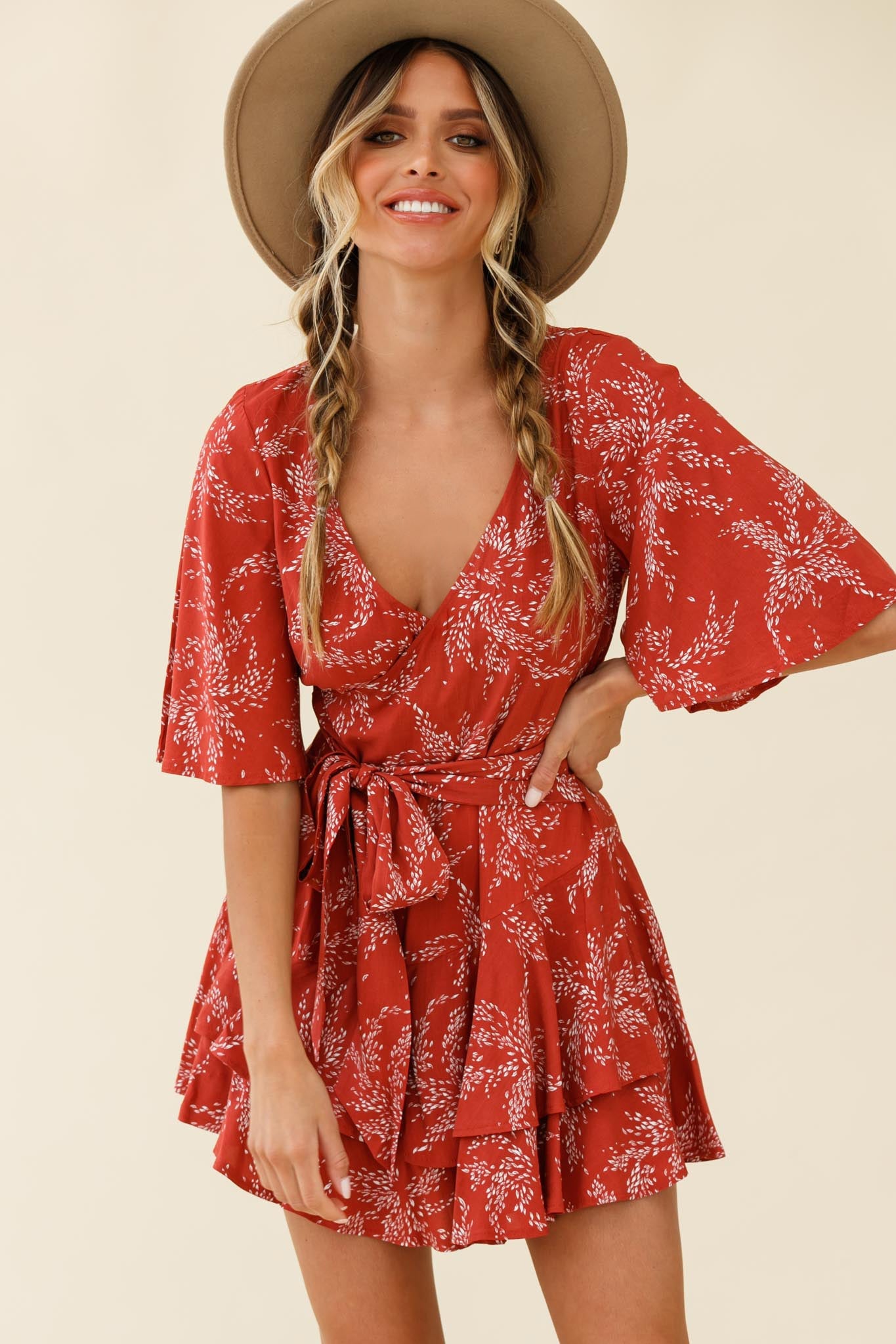 Davina Angel Sleeve Cut-Out Back Romper Leaf Print Rose by Selfie Leslie