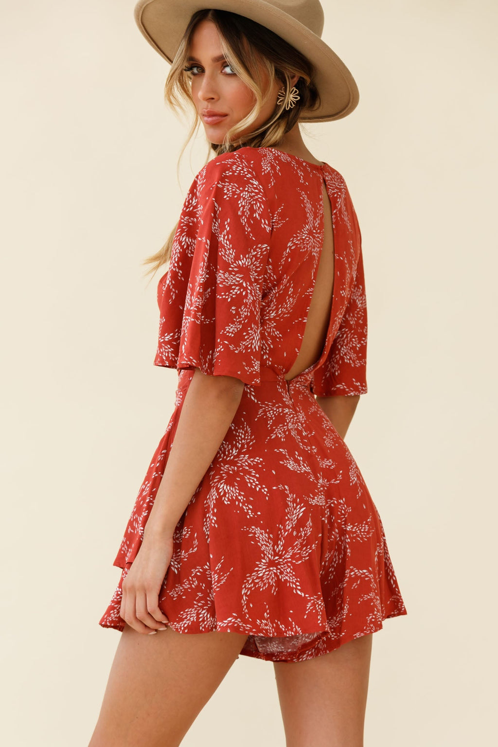 Davina Angel Sleeve Cut-Out Back Romper Leaf Print Rose by Selfie Leslie