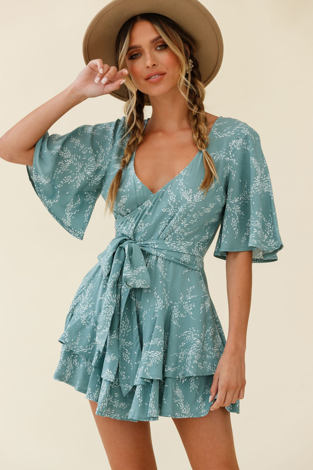 Davina Angel Sleeve Cut-Out Back Romper Leaf Print Sage by Selfie Leslie