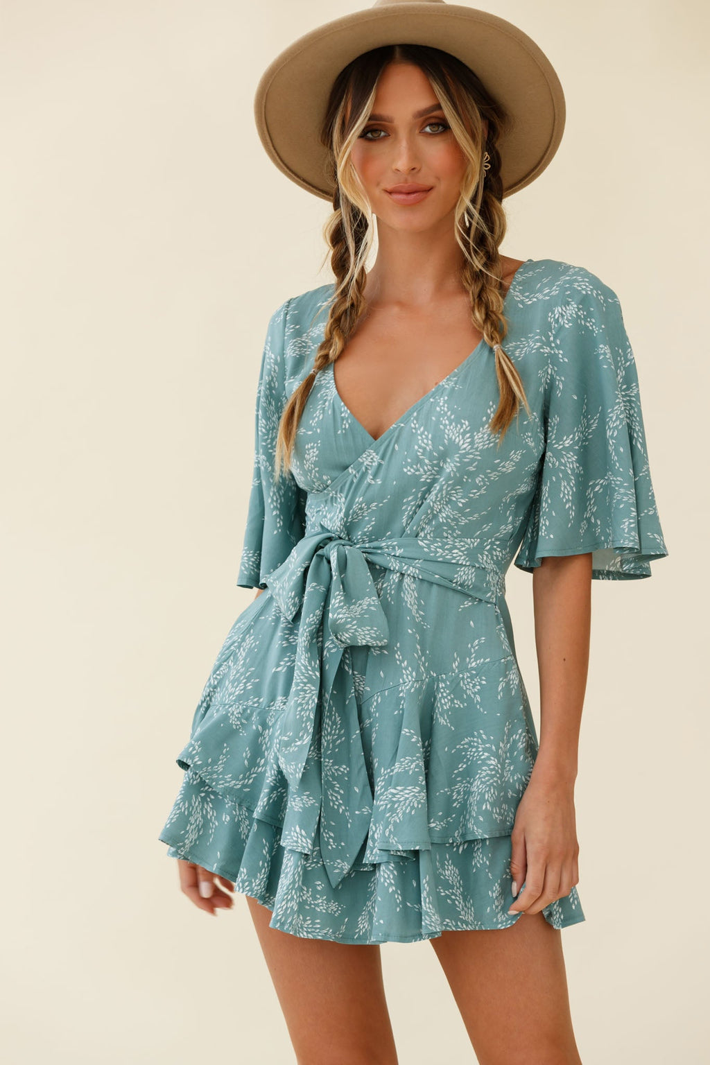 Davina Angel Sleeve Cut-Out Back Romper Leaf Print Sage by Selfie Leslie