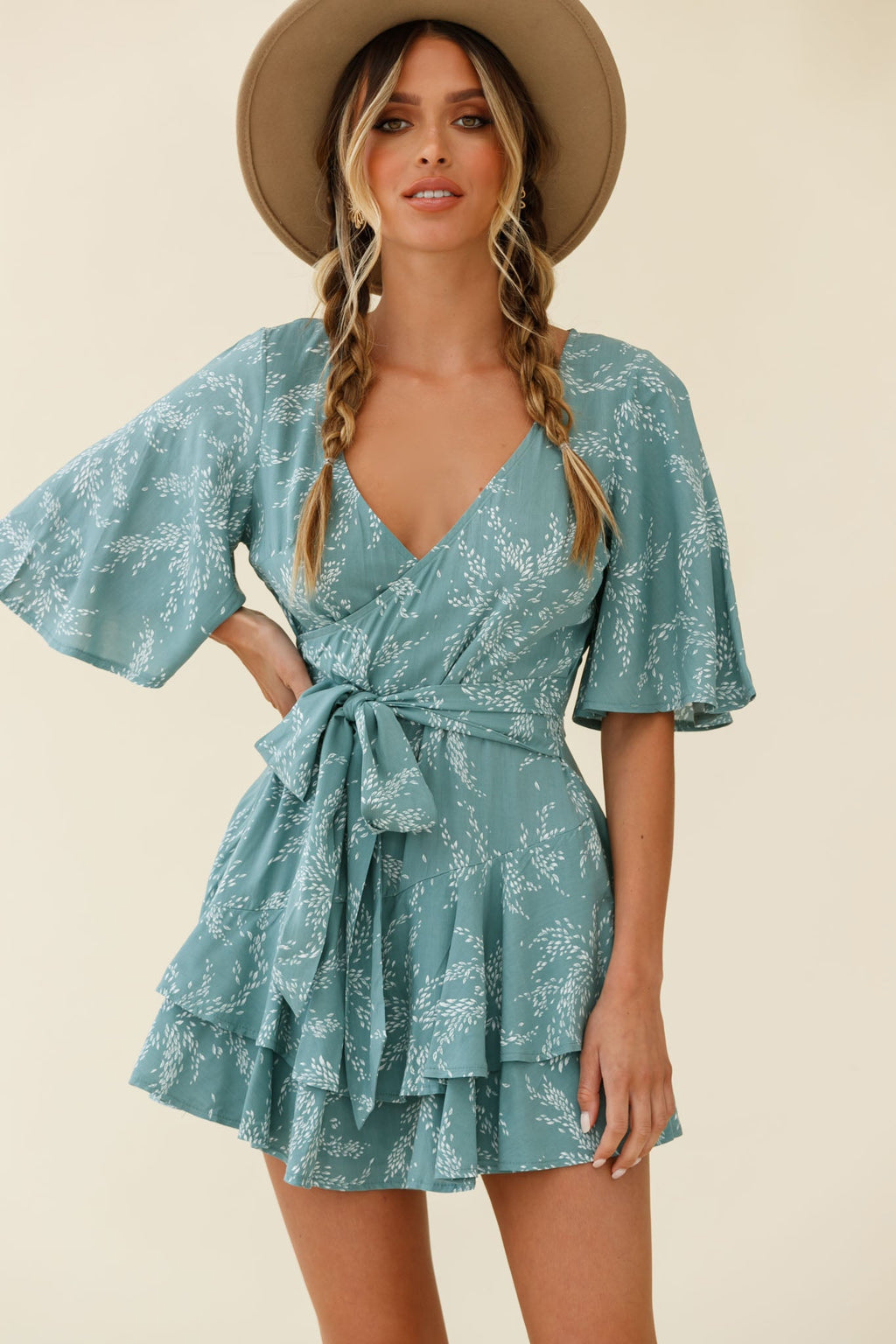 Davina Angel Sleeve Cut-Out Back Romper Leaf Print Sage by Selfie Leslie