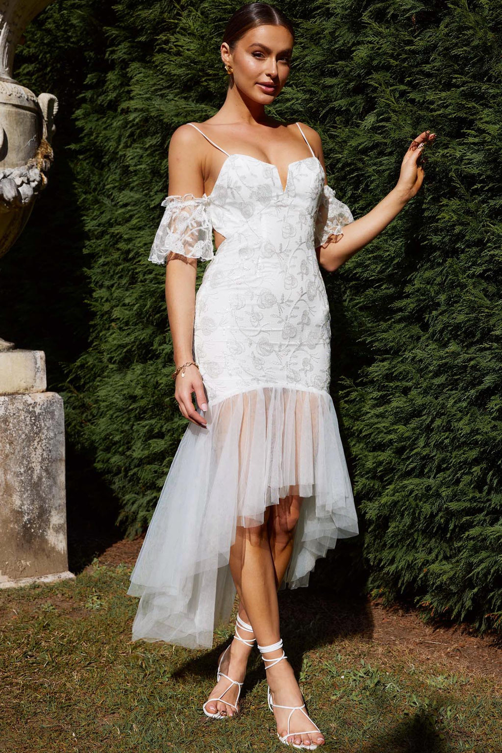 Dreamy Removable Sleeve Sequin Dress White by Selfie Leslie