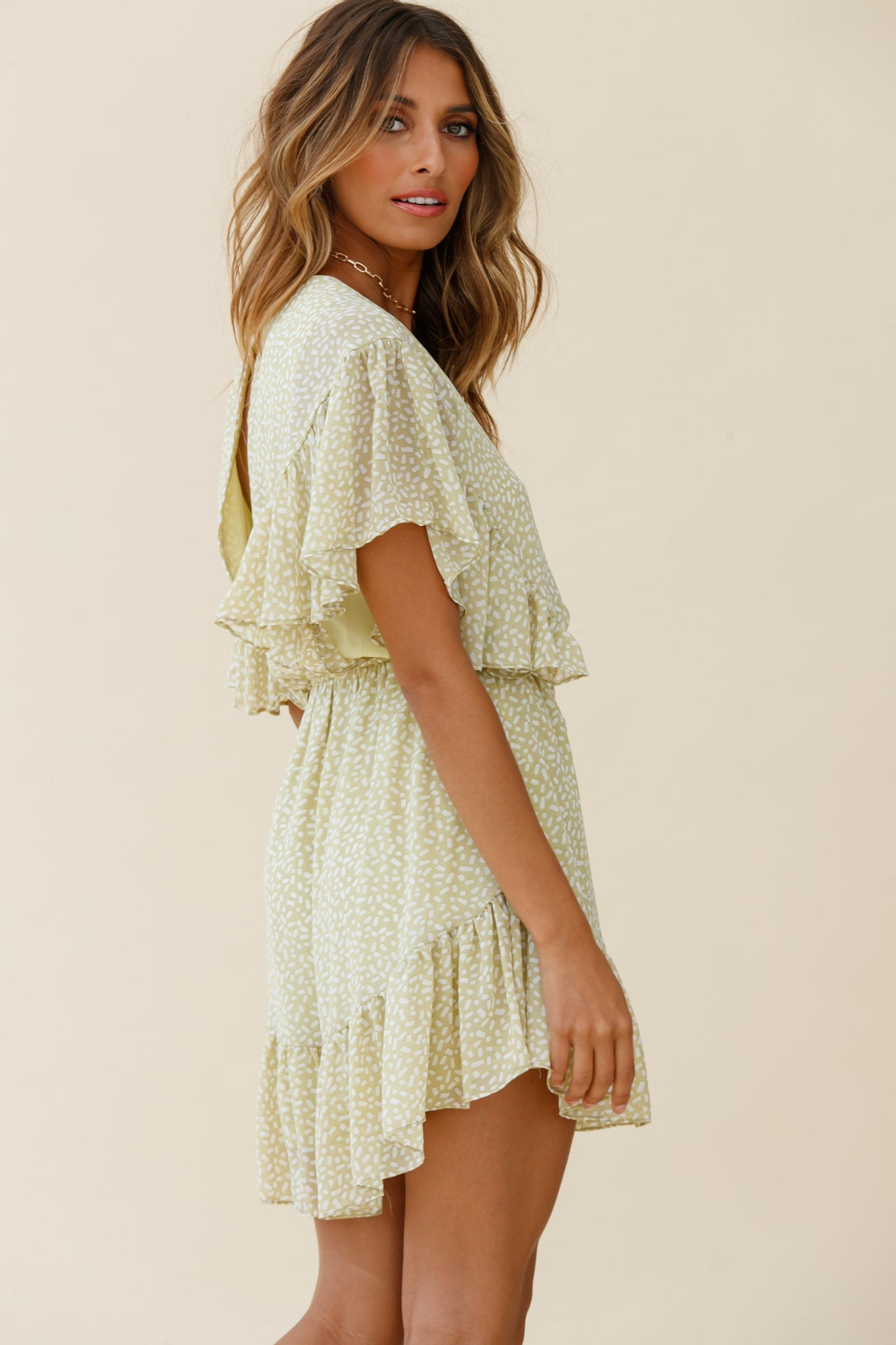 Esme V-Neckline Drawstring Waist Dress Sprinkle Print Lime by Selfie Leslie