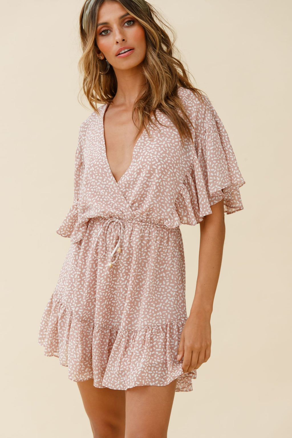 Esme V-Neckline Drawstring Waist Dress Sprinkle Print Pink by Selfie Leslie