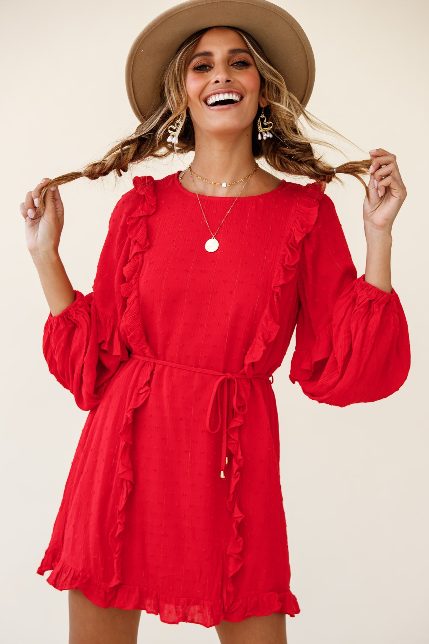 Maiden Long Sleeve Frill Dress Red by Selfie Leslie