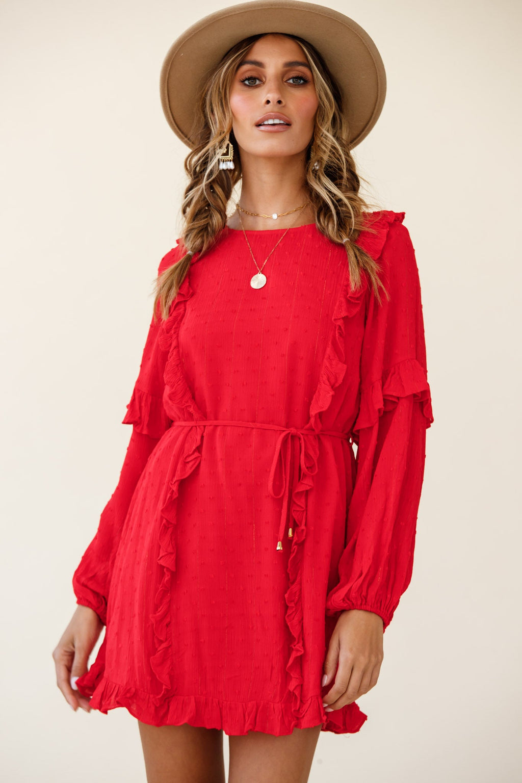 Maiden Long Sleeve Frill Dress Red by Selfie Leslie