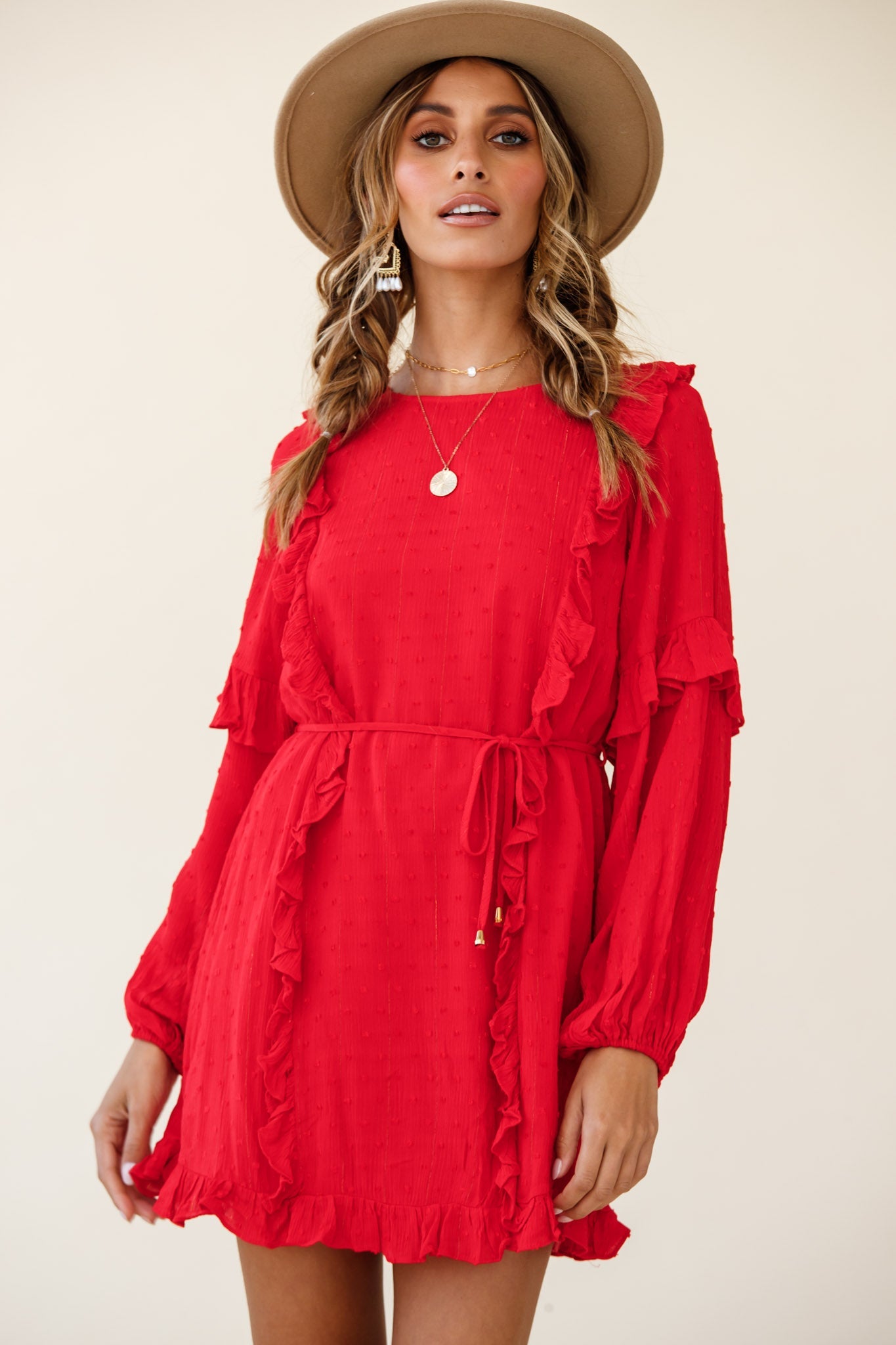 Maiden Long Sleeve Frill Dress Red by Selfie Leslie