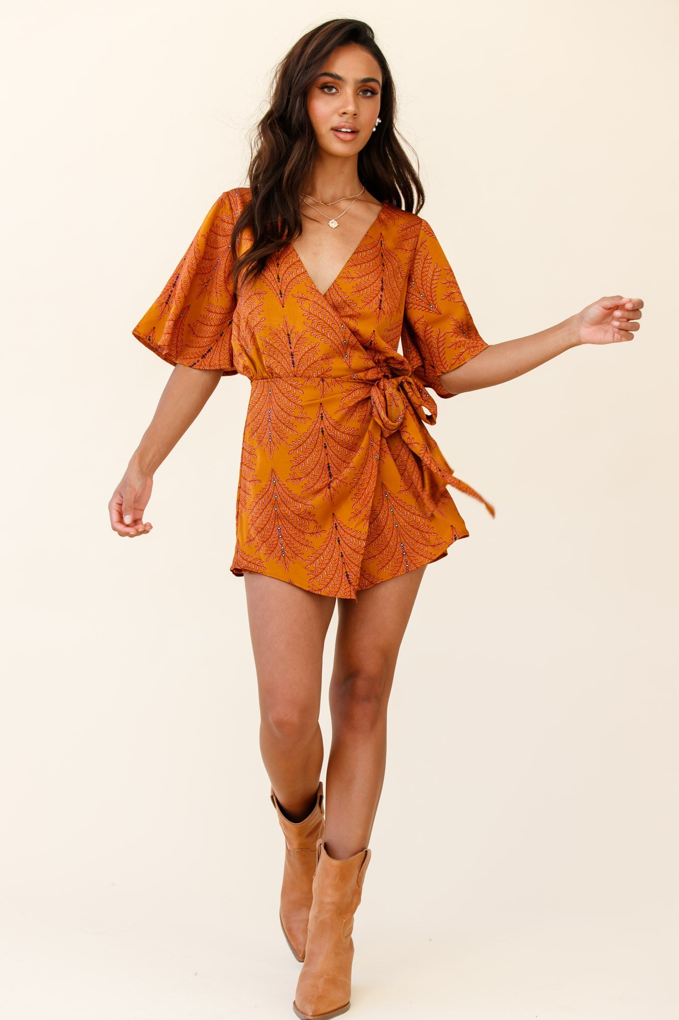 Nadi V-Neckline Wrap Romper Rose Flower Print Yellow