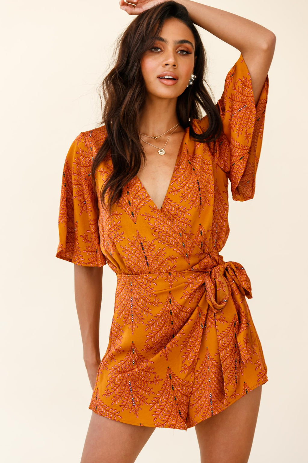 Nadi V-Neckline Wrap Romper Leaf Print Mustard by Selfie Leslie