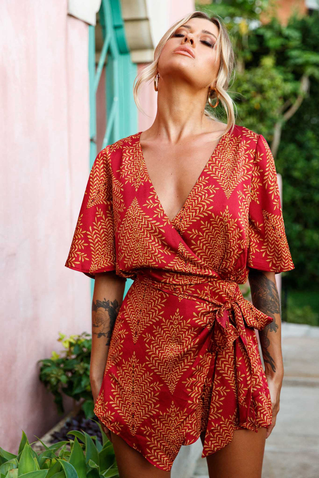 Nadi V-Neckline Wrap Romper Leaf Print Wine by Selfie Leslie