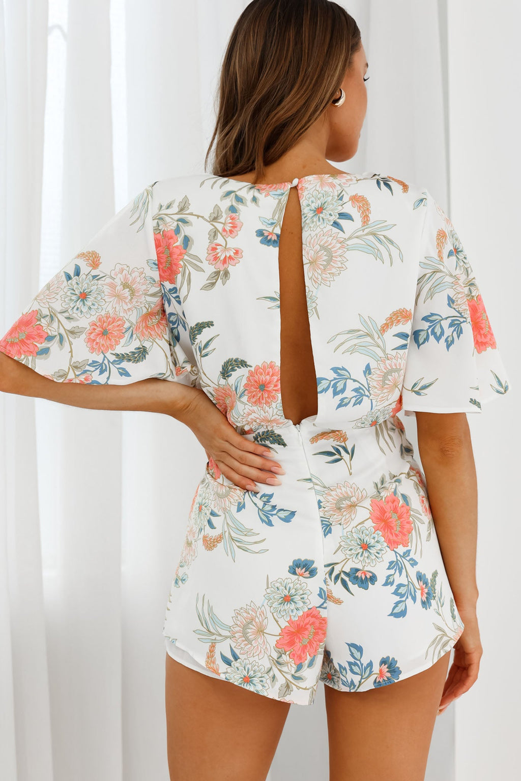 Nadi V-Neckline Wrap Romper Floral Print White by Selfie Leslie