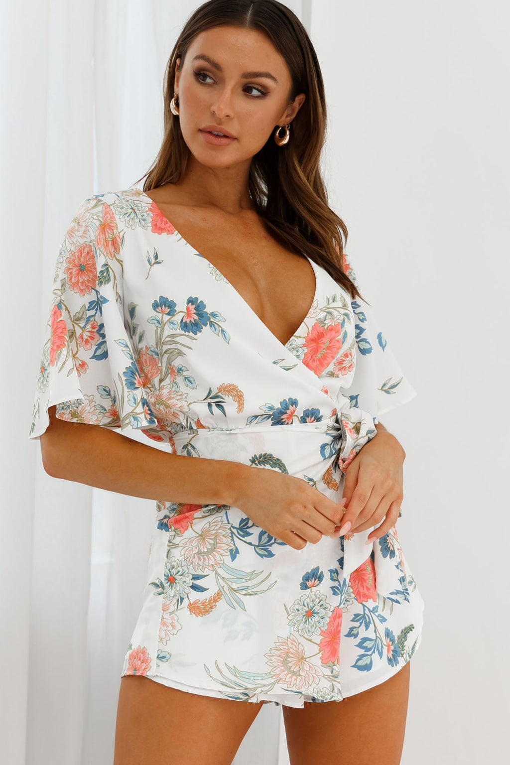 Nadi V-Neckline Wrap Romper Floral Print White by Selfie Leslie