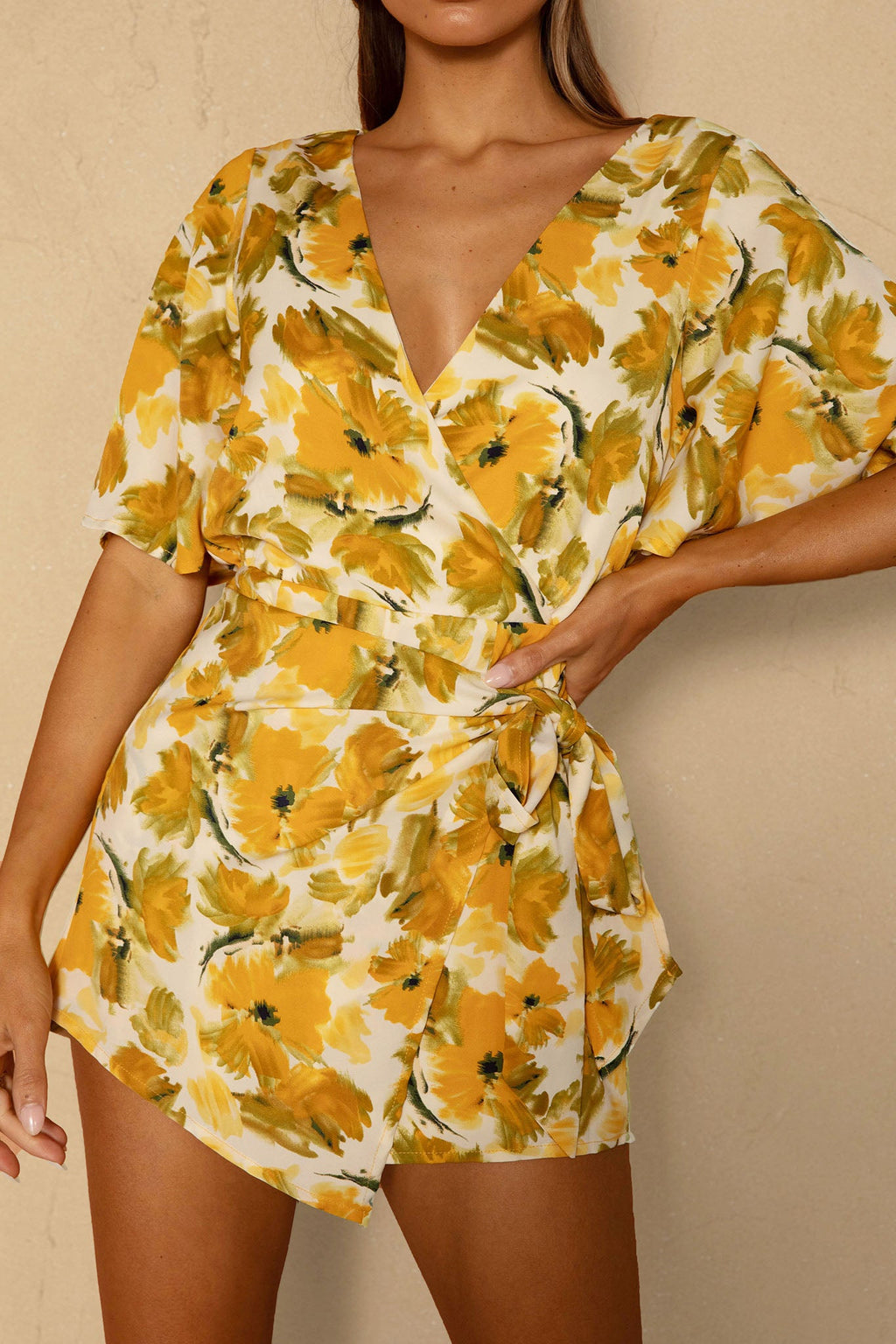Nadi V-Neckline Wrap Romper Flower Paint Print Yellow by Selfie Leslie