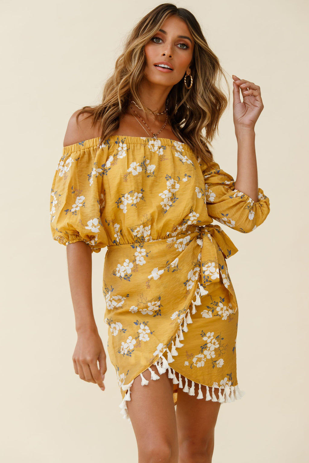 Cayman Tassel Trim Wrap Dress Floral Print Mustard by Selfie Leslie