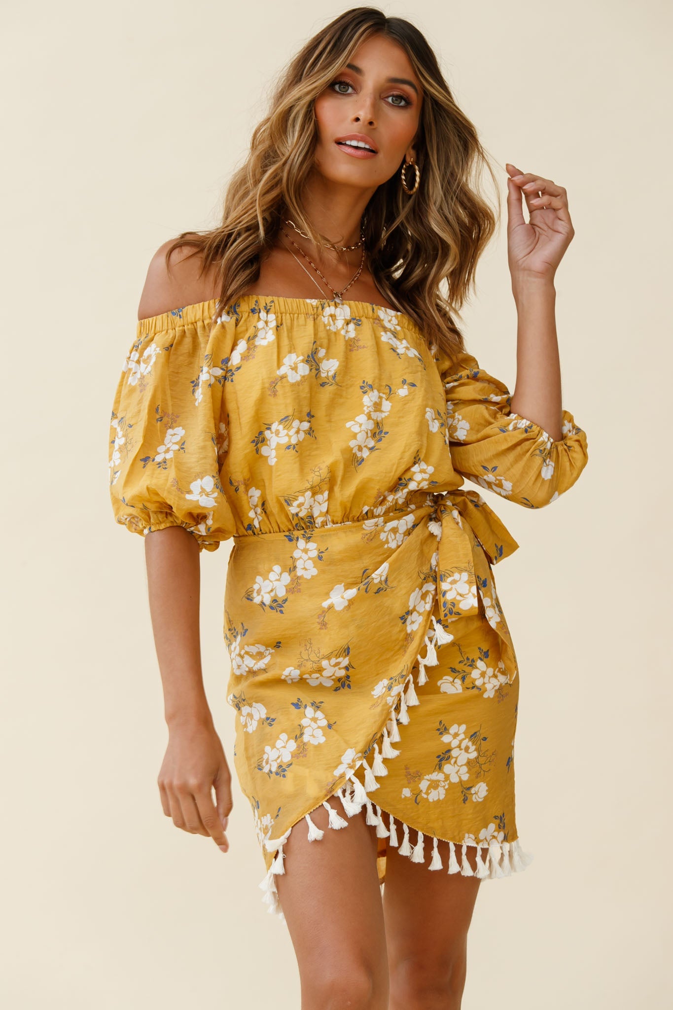 Cayman Tassel Trim Wrap Dress Floral Print Mustard by Selfie Leslie