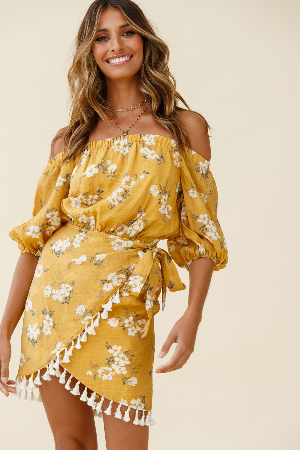 Cayman Tassel Trim Wrap Dress Floral Print Mustard by Selfie Leslie