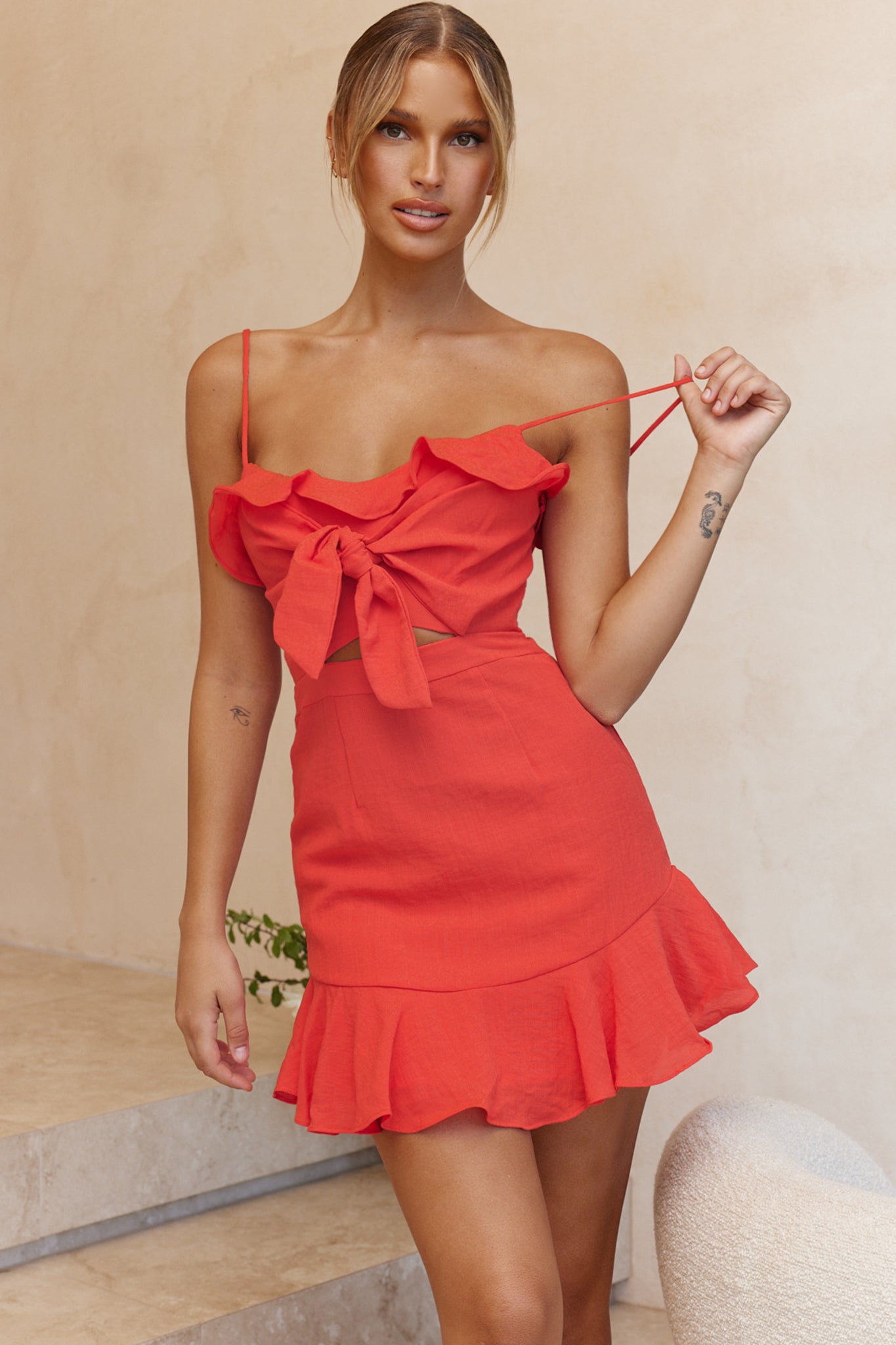Pico Tied-Knot Bust Ruffle Dress Red by Selfie Leslie