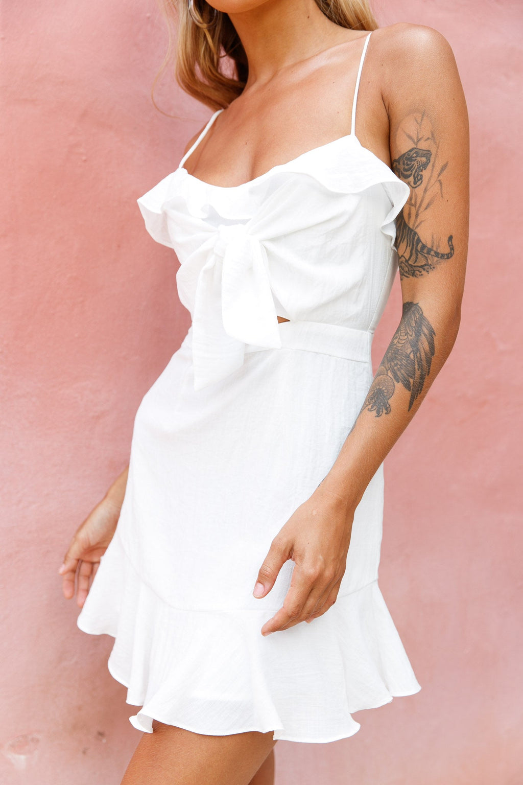 Pico Tied-Knot Bust Ruffle Dress White by Selfie Leslie