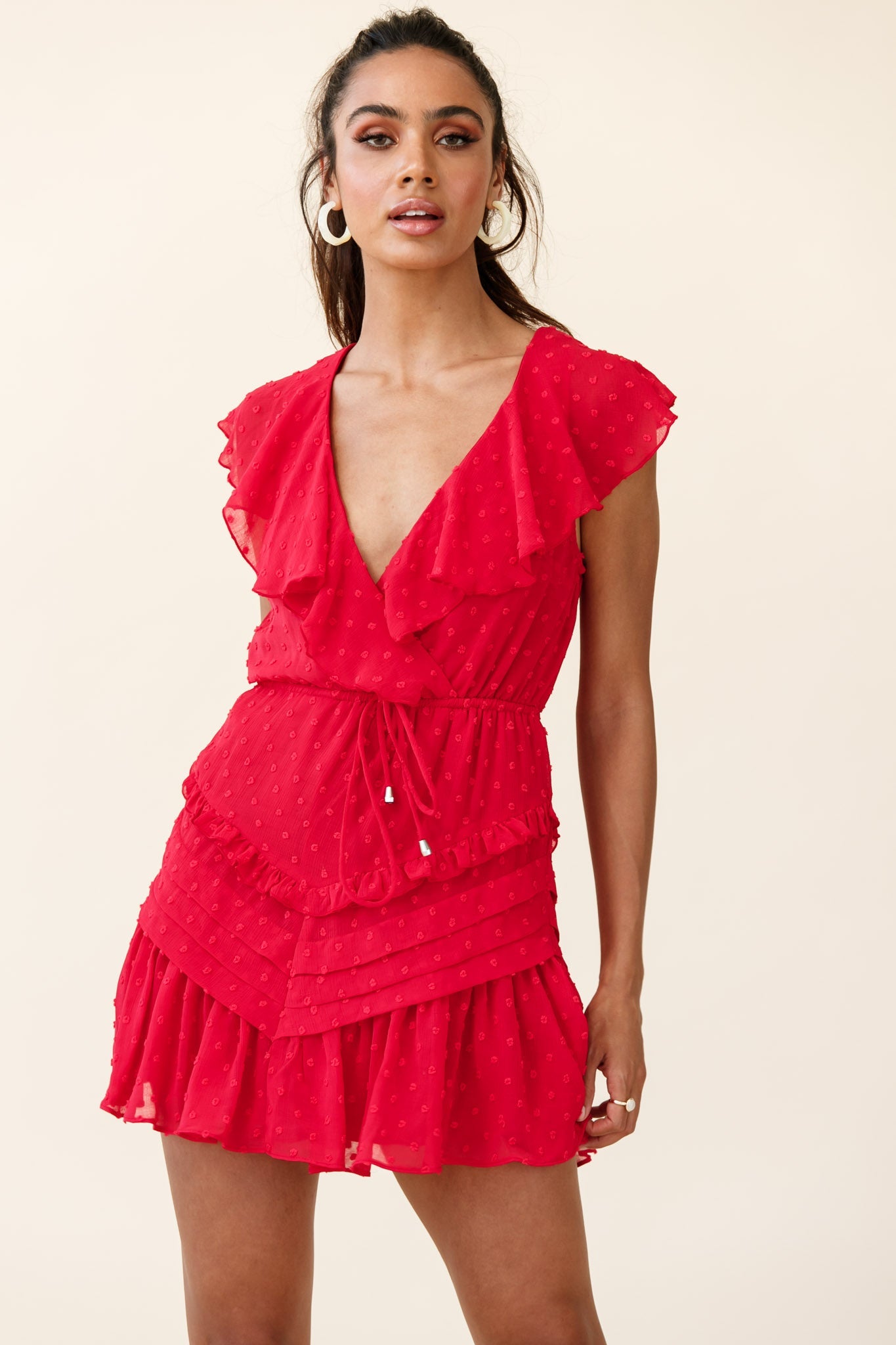 Willah Pintuck And Frill Detail Drawstring Dress Red Textured by Selfie Leslie