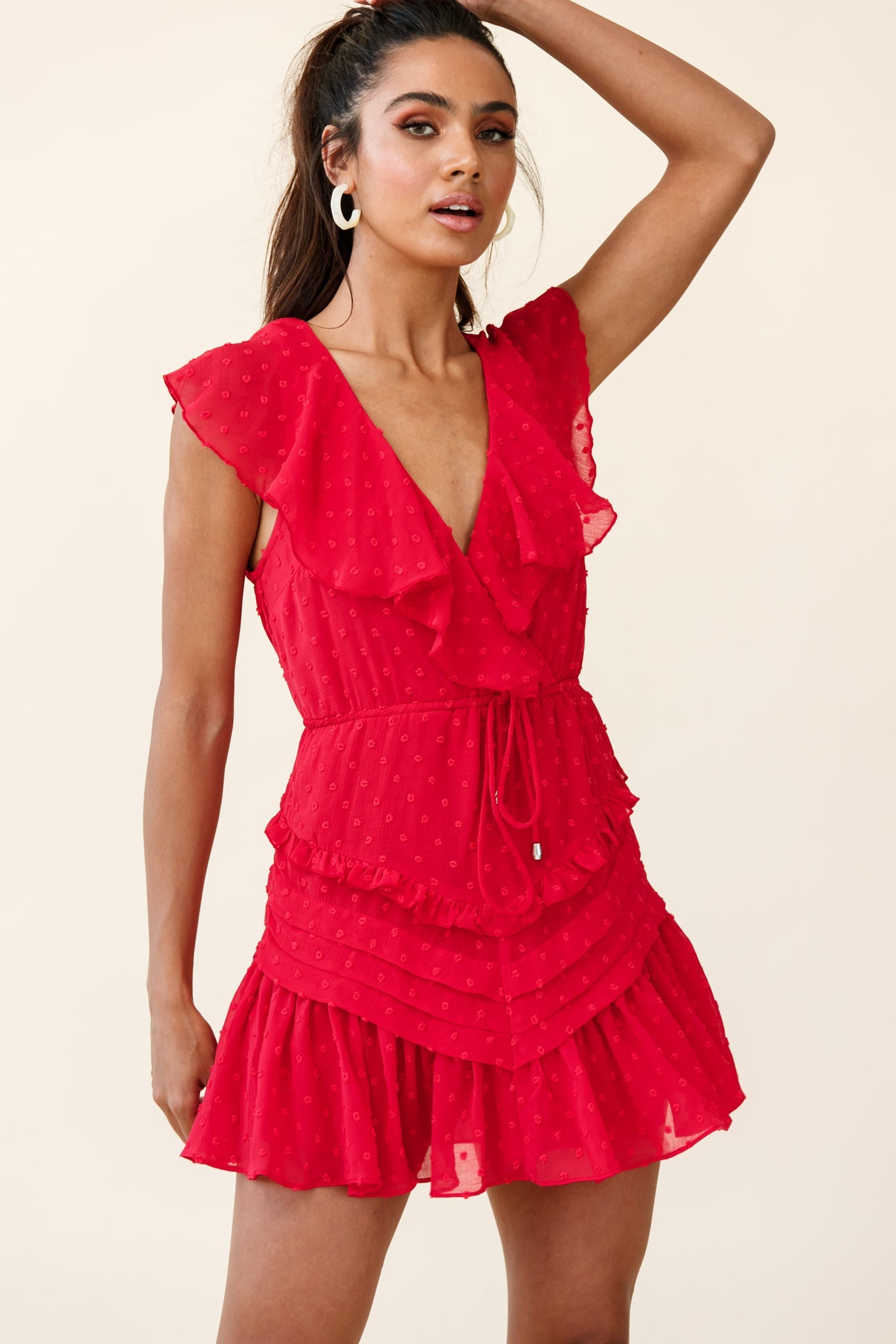 Willah Pintuck And Frill Detail Drawstring Dress Red Textured by Selfie Leslie