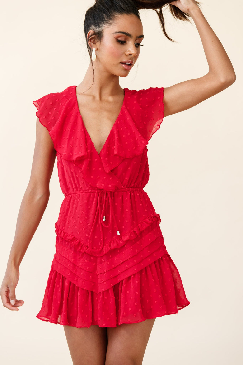 Willah Pintuck And Frill Detail Drawstring Dress Red Textured by Selfie Leslie