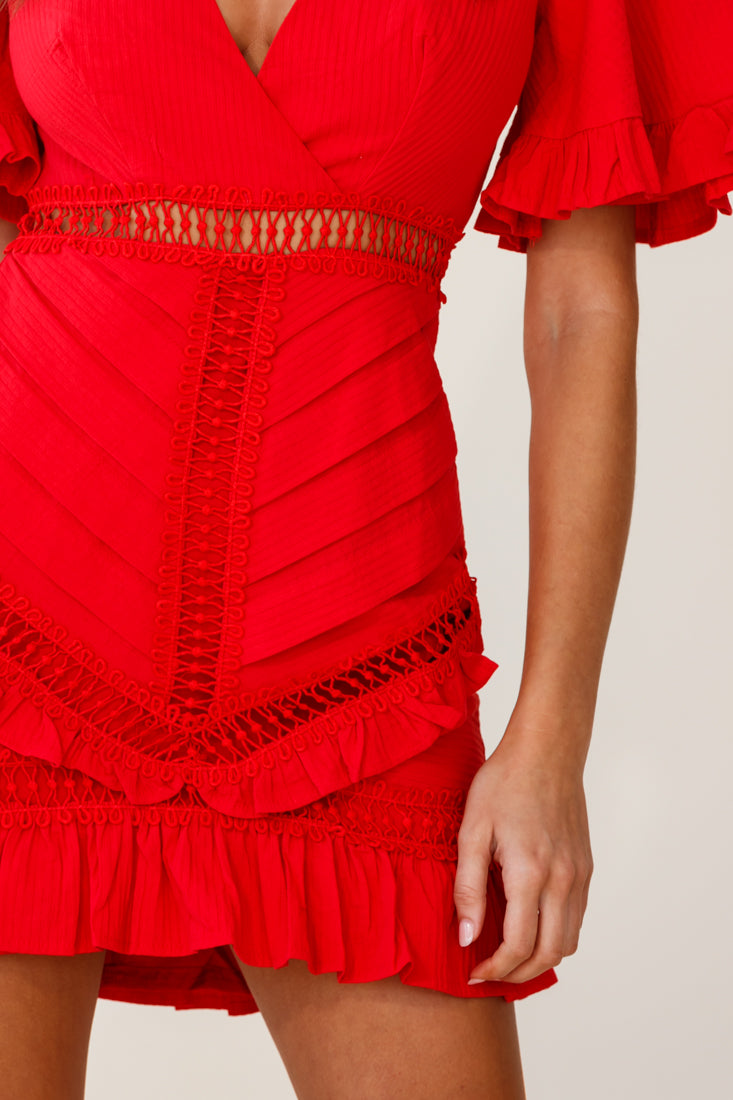 Walk This Way Short Sleeve Ruffle Detail Dress Red by Selfie Leslie