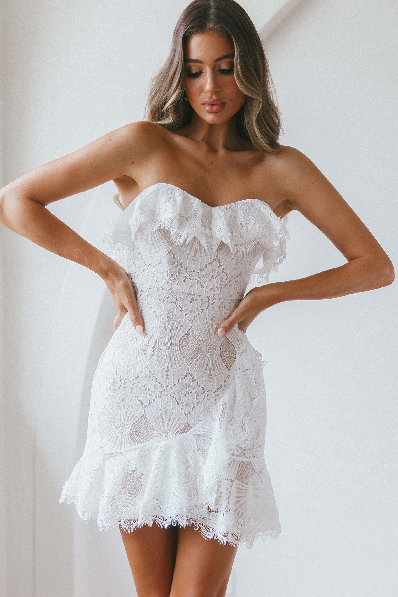 September Lace Mini Dress White by Selfie Leslie