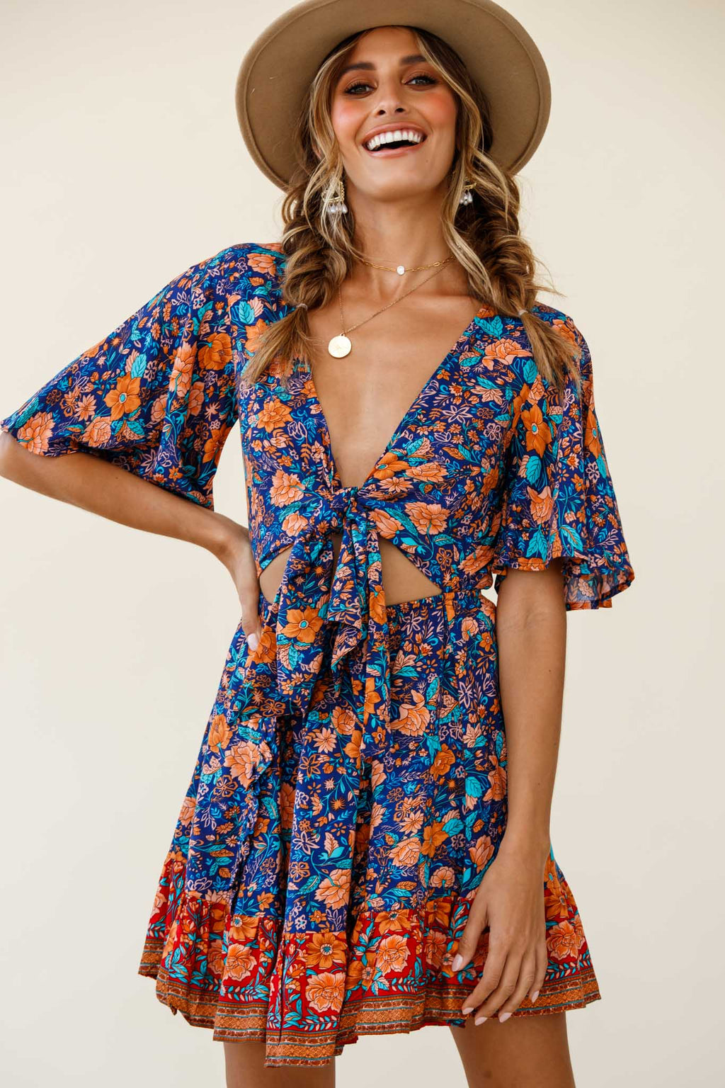 Suva Tie-Knot Bust A-Line Dress Floral Print Navy by Selfie Leslie