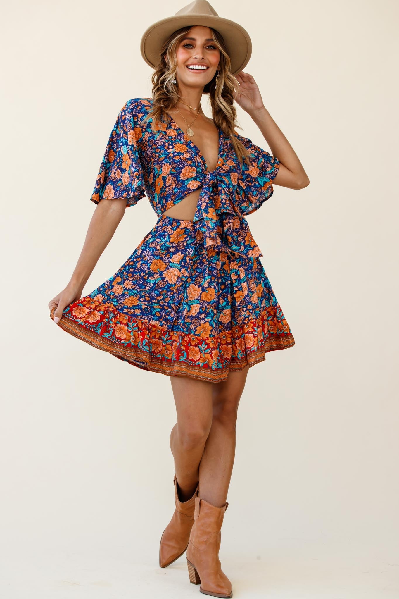 Suva Tie-Knot Bust A-Line Dress Floral Print Navy by Selfie Leslie