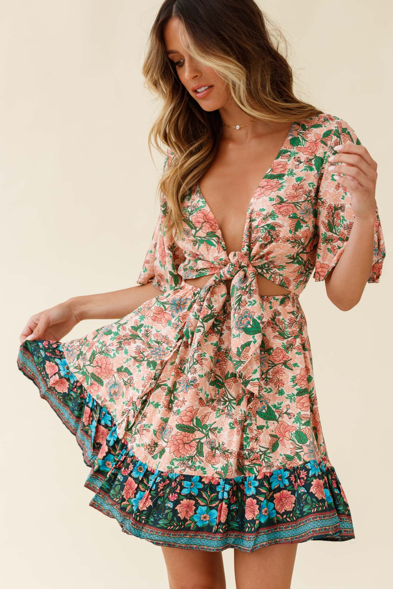 Suva Tie-Knot Bust A-Line Dress Botanic Print Nude by Selfie Leslie