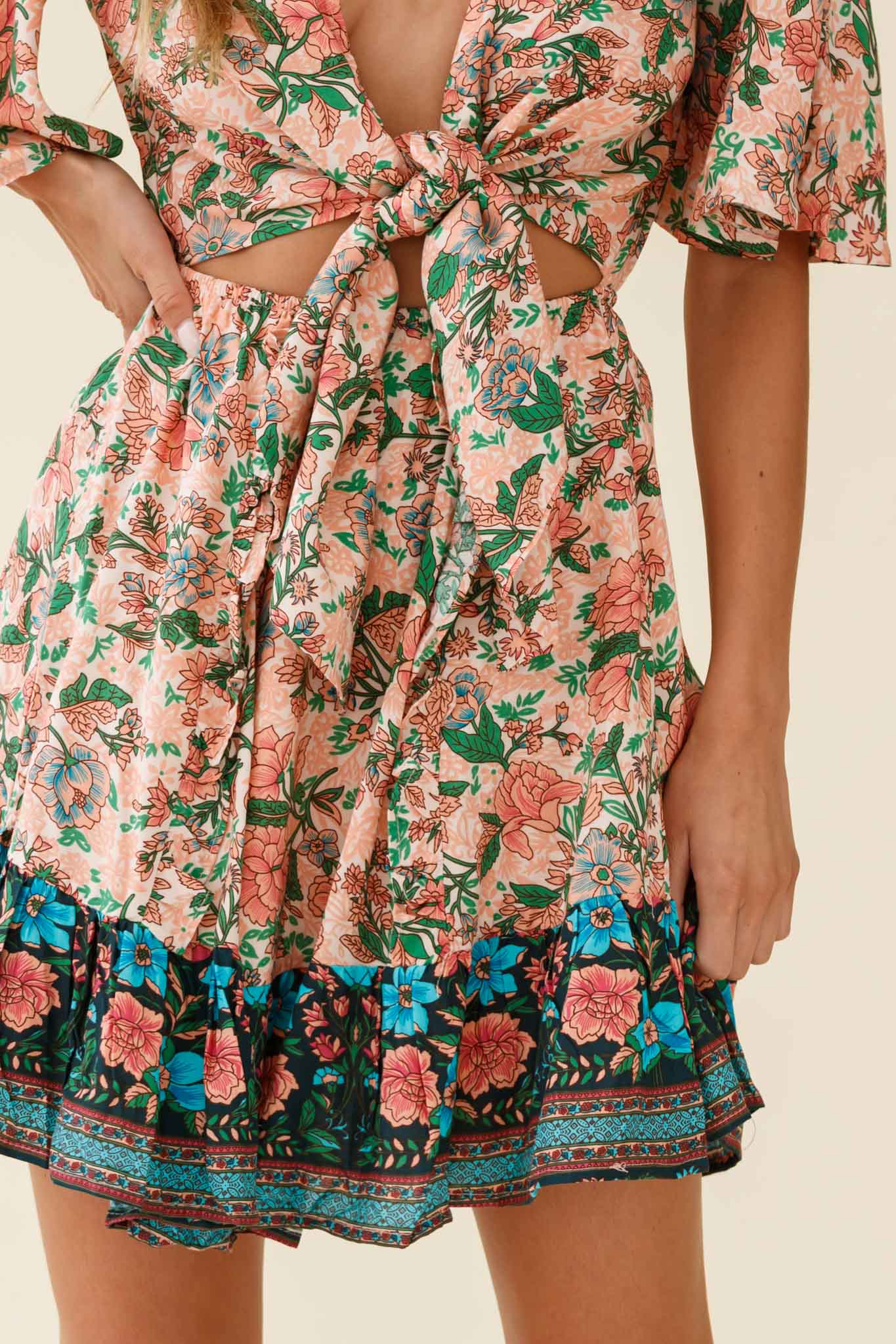 Suva Tie-Knot Bust A-Line Dress Botanic Print Nude by Selfie Leslie