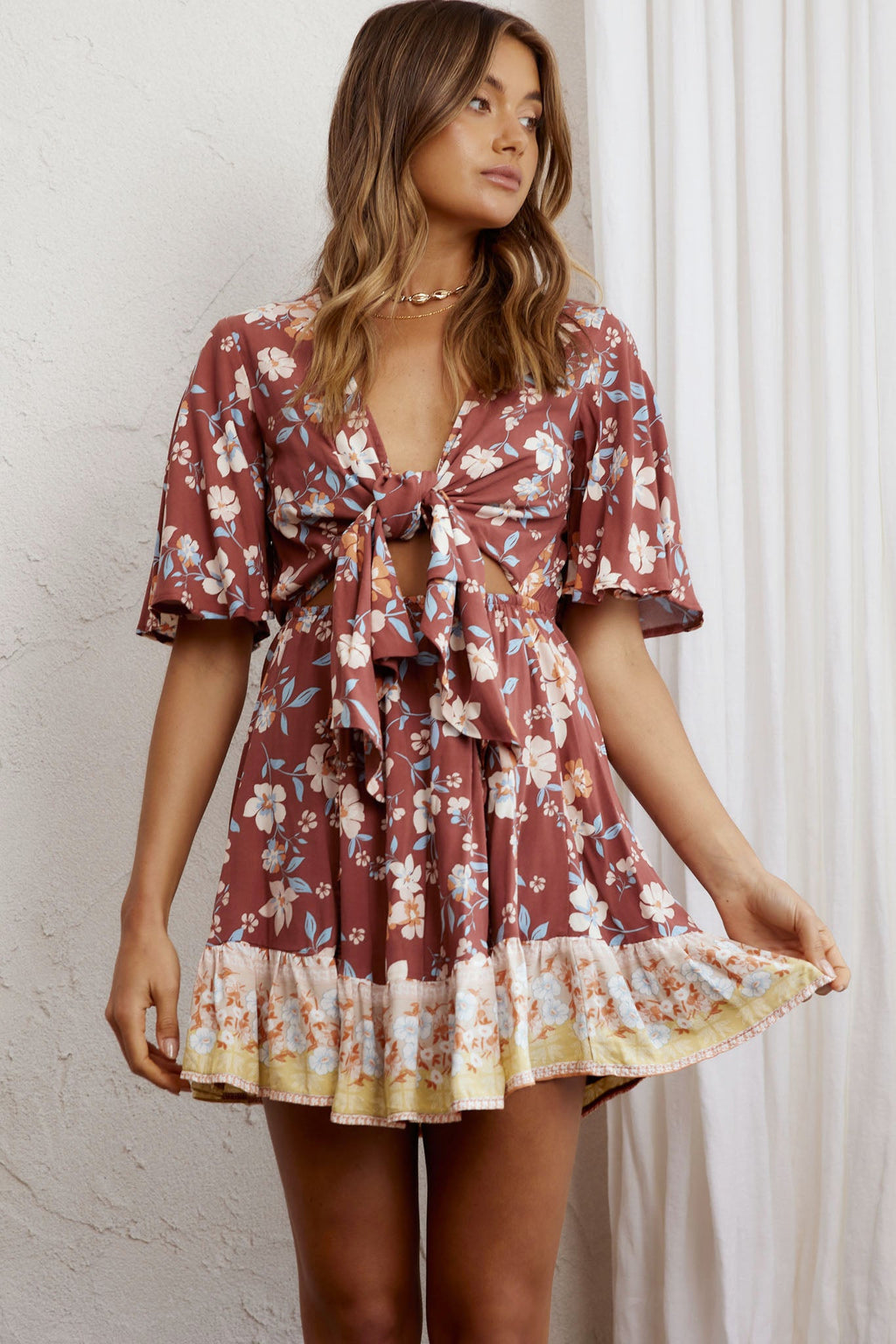 Suva Tie-Knot Bust A-Line Dress Floral Chocolate by Selfie Leslie