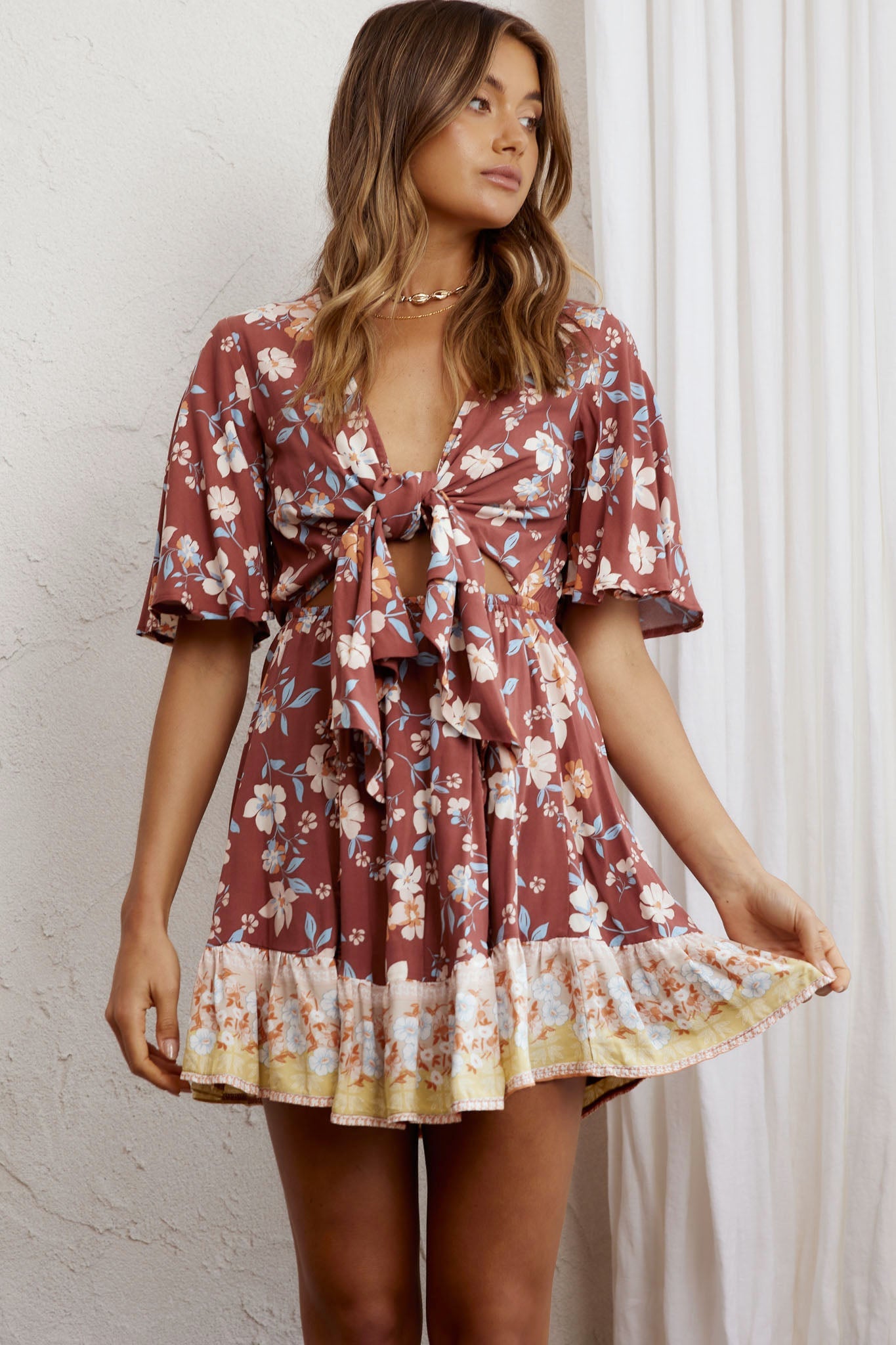 Suva Tie-Knot Bust A-Line Dress Floral Chocolate by Selfie Leslie