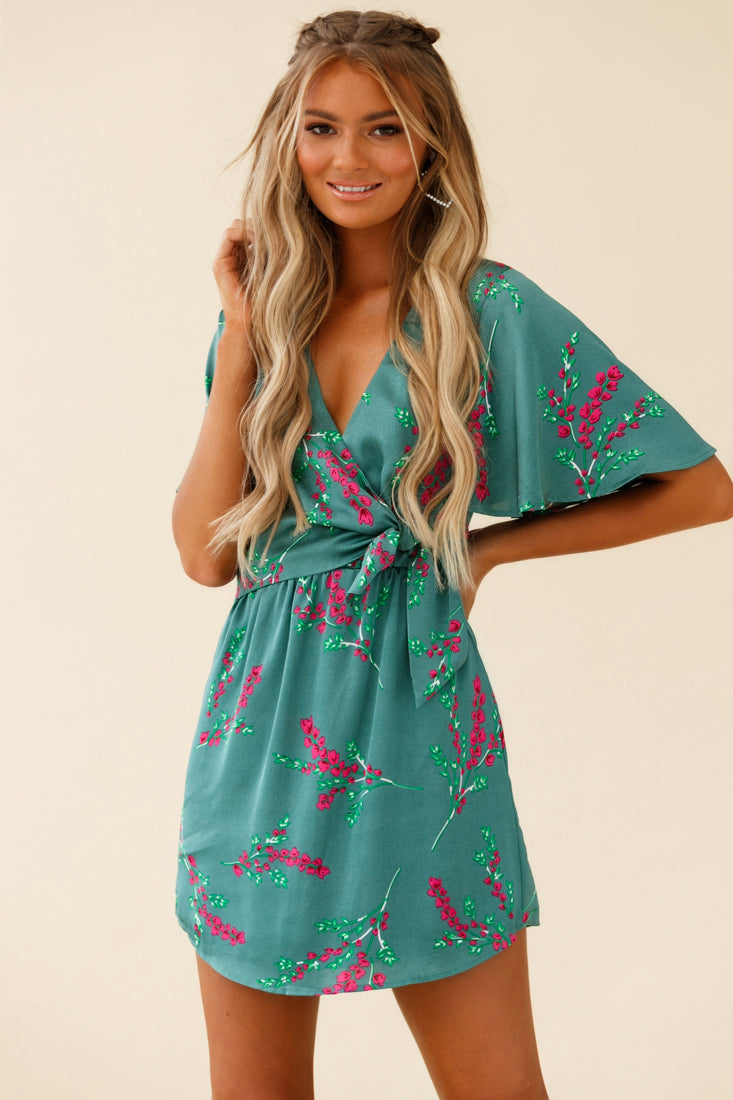 Stealing Hearts Flutter Sleeve Wrap Front Dress Floral Print Olive by Selfie Leslie