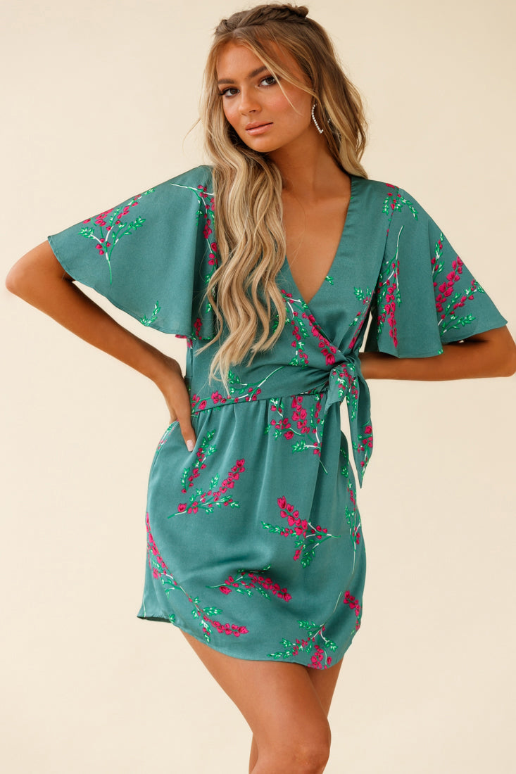 Stealing Hearts Flutter Sleeve Wrap Front Dress Floral Print Olive by Selfie Leslie