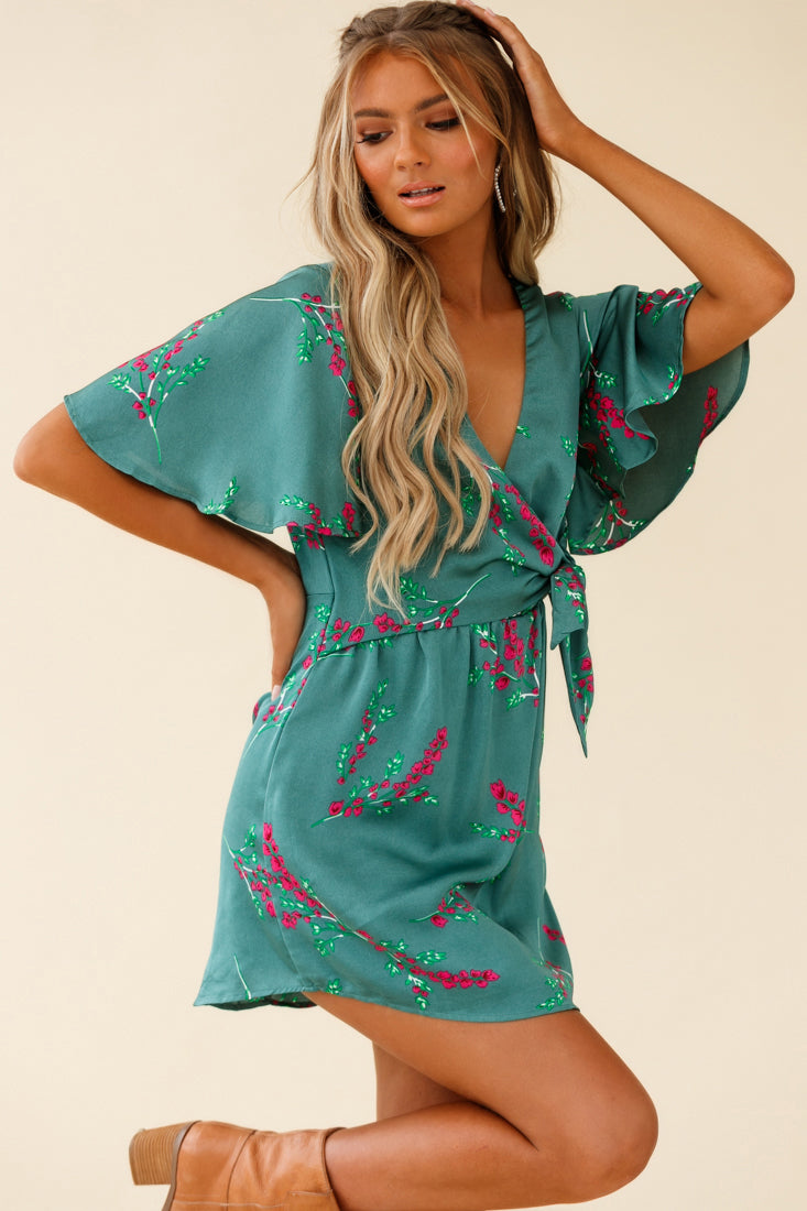Stealing Hearts Flutter Sleeve Wrap Front Dress Floral Print Olive by Selfie Leslie