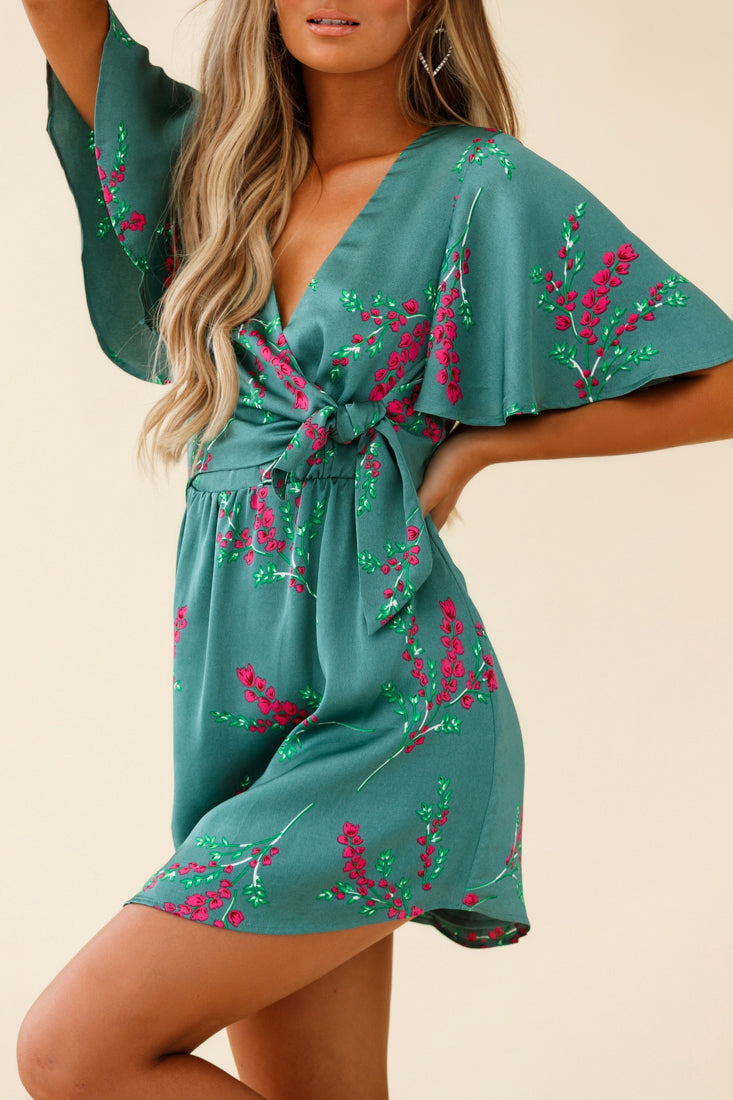 Stealing Hearts Flutter Sleeve Wrap Front Dress Floral Print Olive by Selfie Leslie