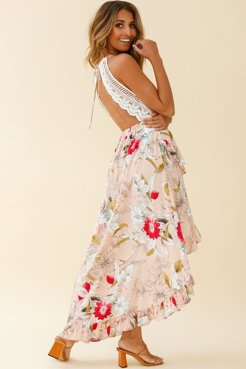 Over The Moon High-Low Hem Crochet Lace Dress Floral Print Mocha by Selfie Leslie